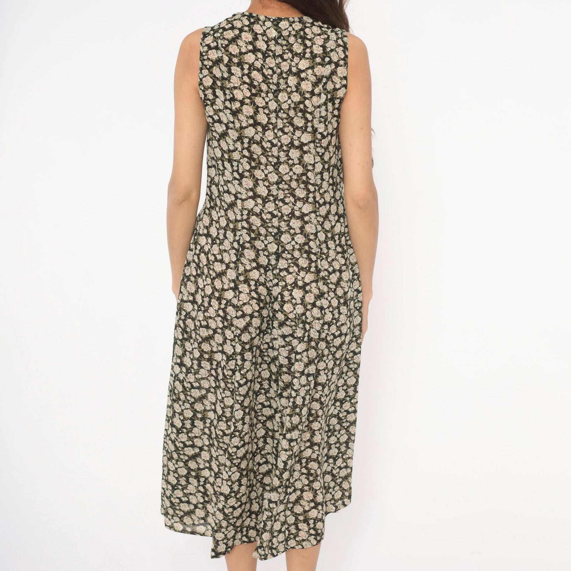 90s Express Floral Midi Dress V-Neck Black Cream Rose Print Size 9