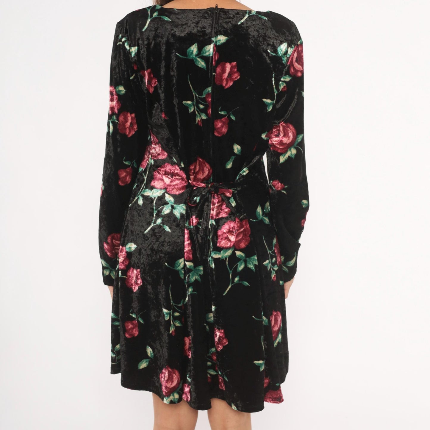 90s Jamie Brooke Velvet Mini Dress Black Rose Floral Square Neckline Large L