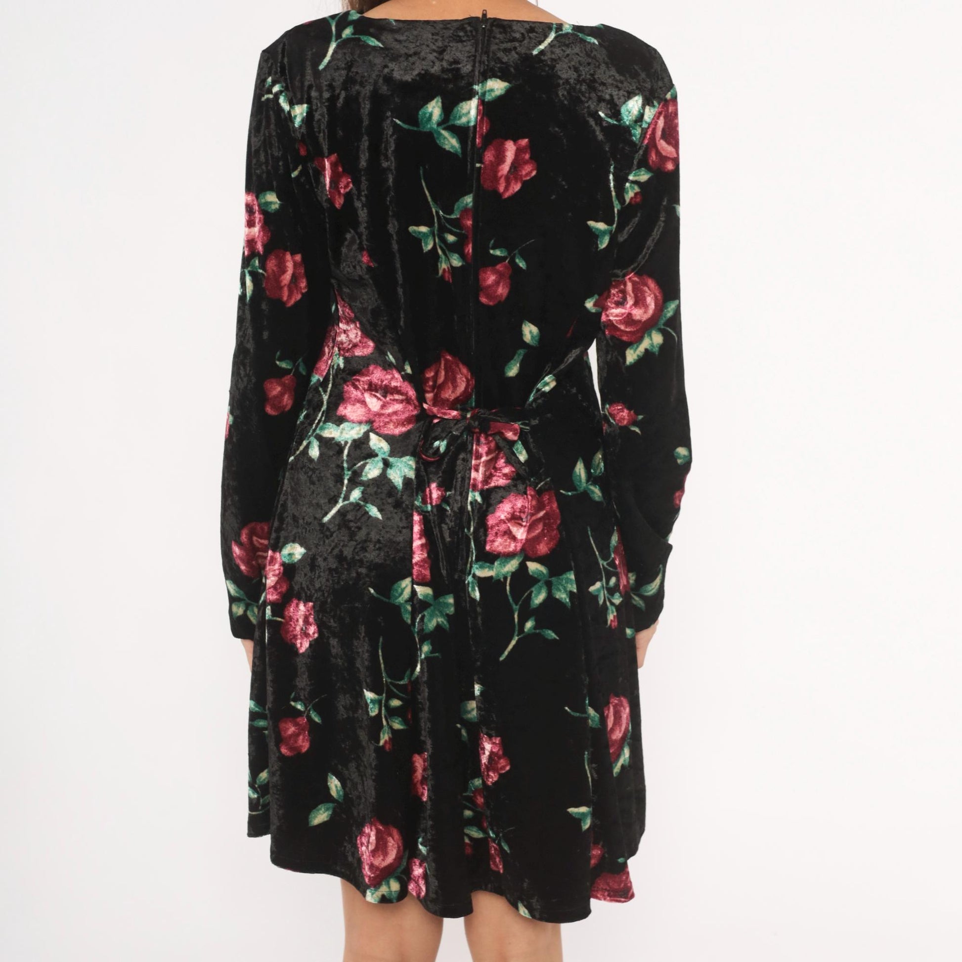 90s Jamie Brooke Velvet Mini Dress Black Rose Floral Square Neckline Large L