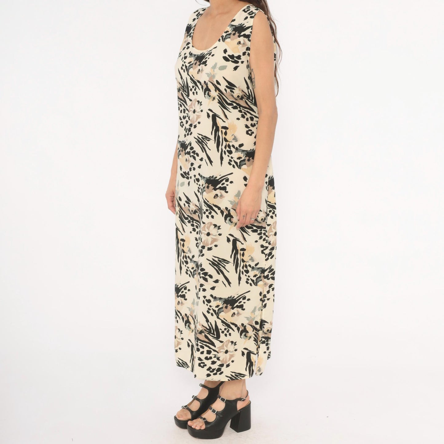 90s Ann Mali Maxi Dress Cream Black Animal Print Tie Back Large L
