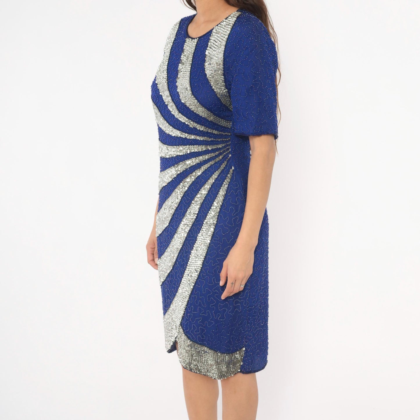 80s Stenay Cobalt Blue Silver Sequin Silk Cocktail Dress Keyhole Back Medium M