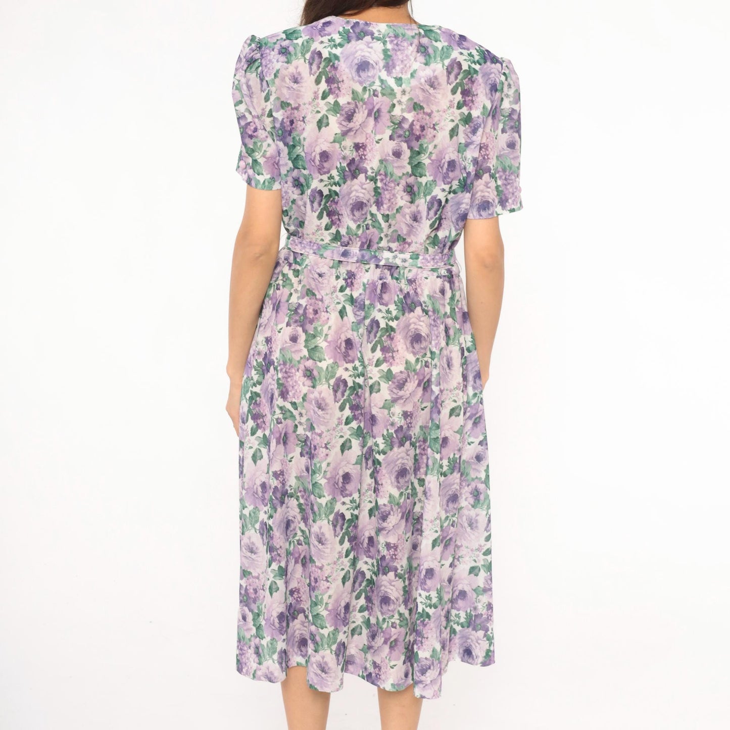 80s Anthony Richards Floral Midi Dress Purple Lavender Rose Puff Sleeve Large L