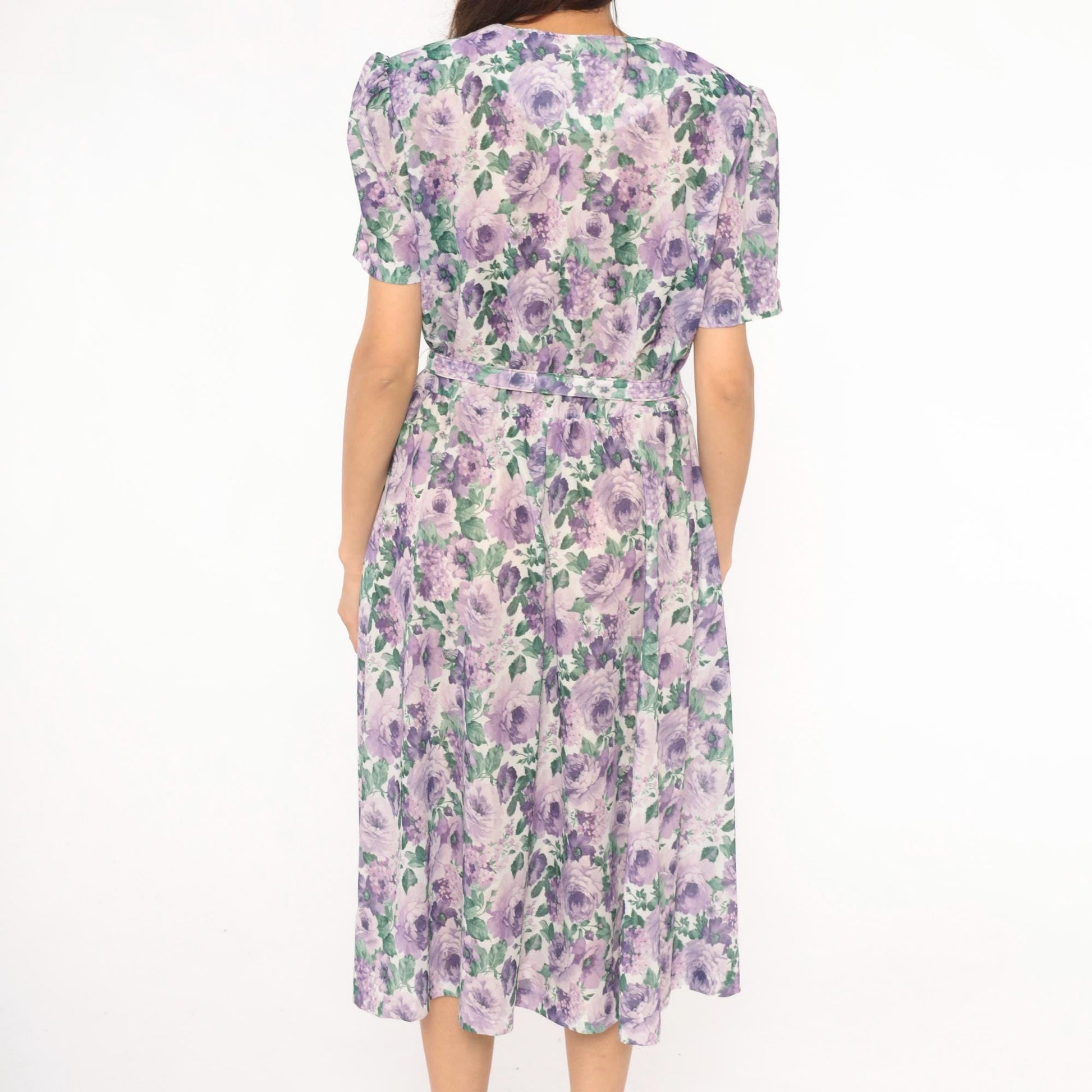 80s Anthony Richards Floral Midi Dress Purple Lavender Rose Puff Sleeve Large L