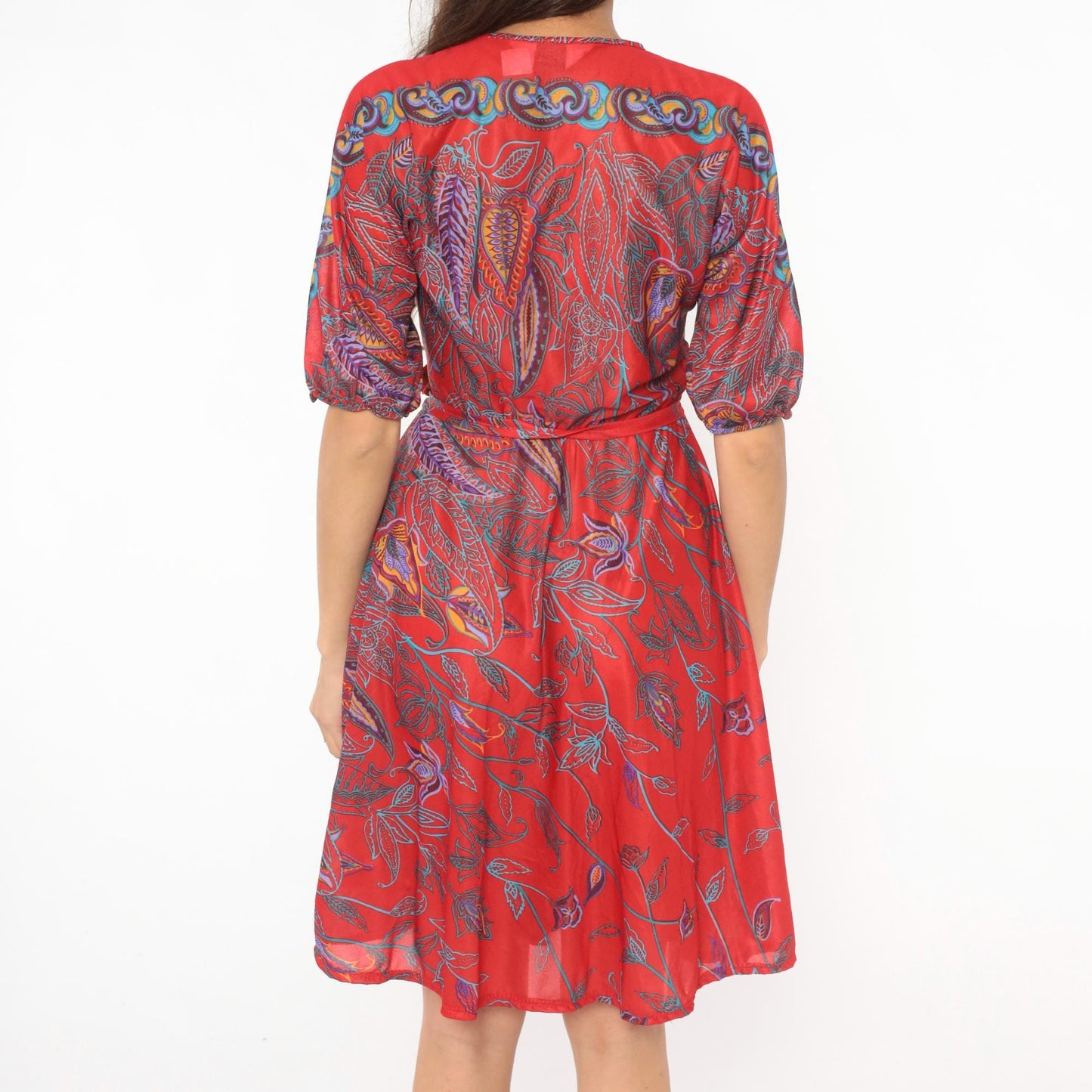 80s NPC Fashions Red Paisley Botanical Tie Neck Dress Knee Length Small Medium