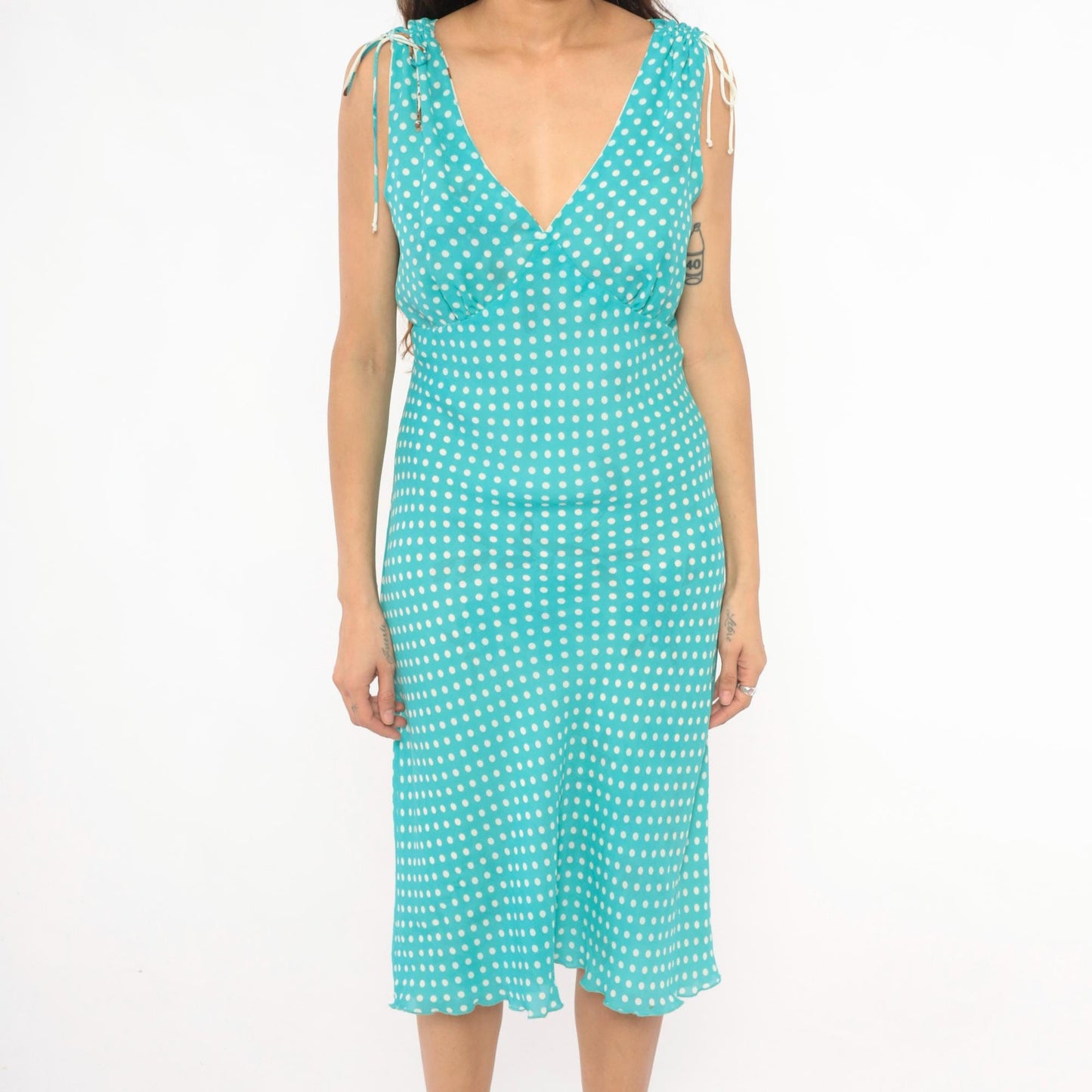 Y2K Reversible Floral Polka Dot Chiffon Dress Turquoise Cream V Neck Tie Shoulder Midi Medium M