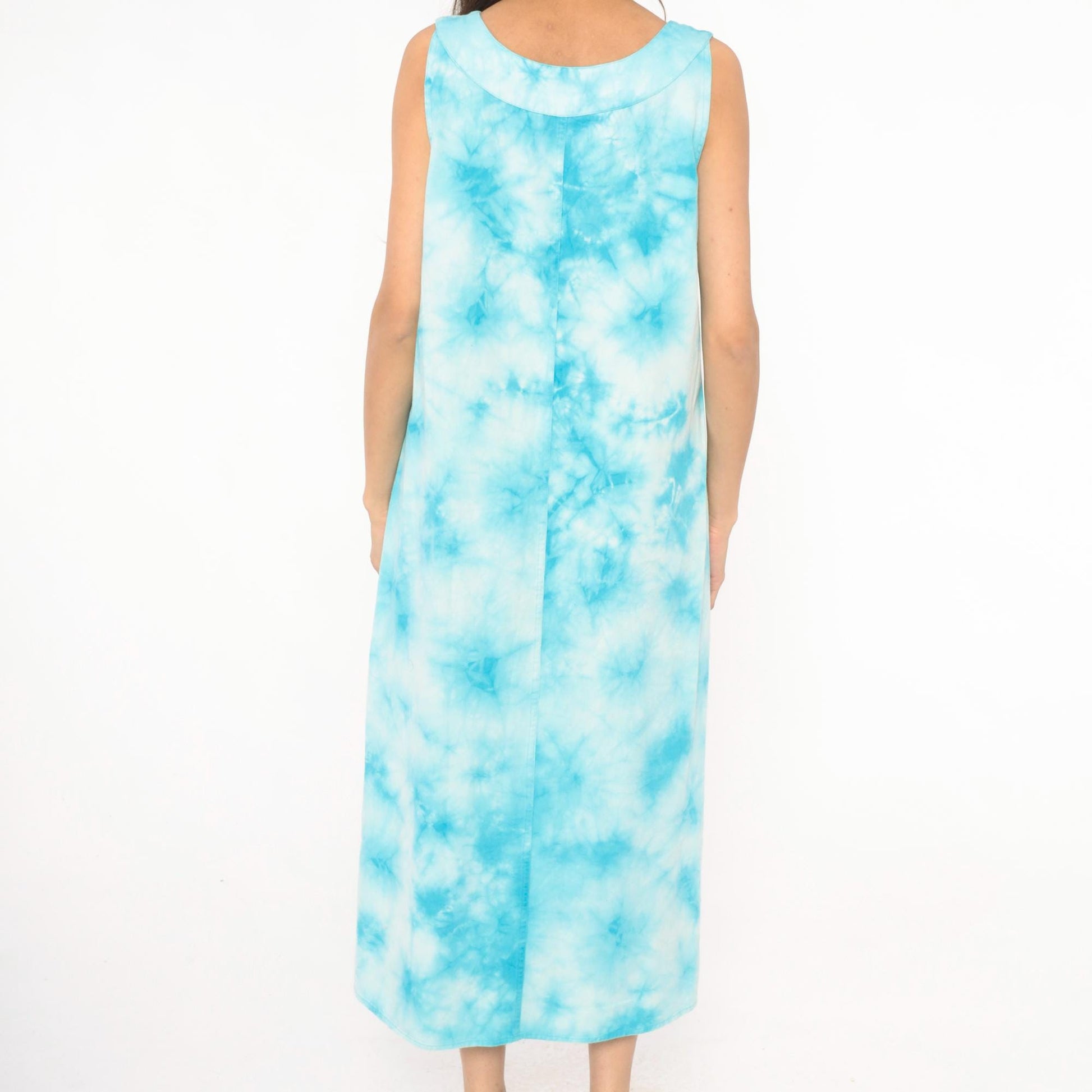90s Basic Editions Tie Dye Maxi Dress Sky Blue Embroidered Floral Cotton Medium M