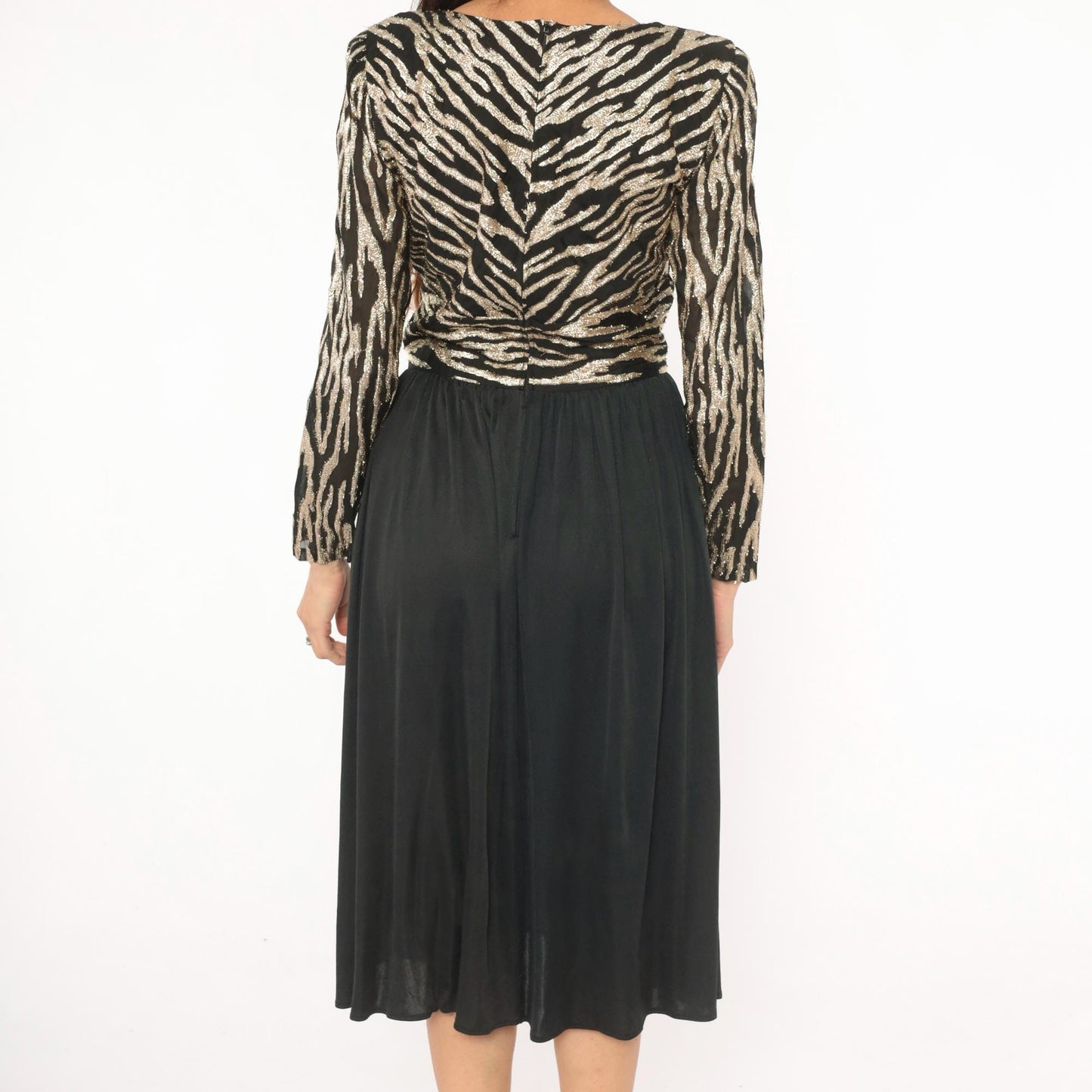 80s Ursula of Switzerland Gold Zebra Stripe Midi Dress Black Long Sleeve Medium M