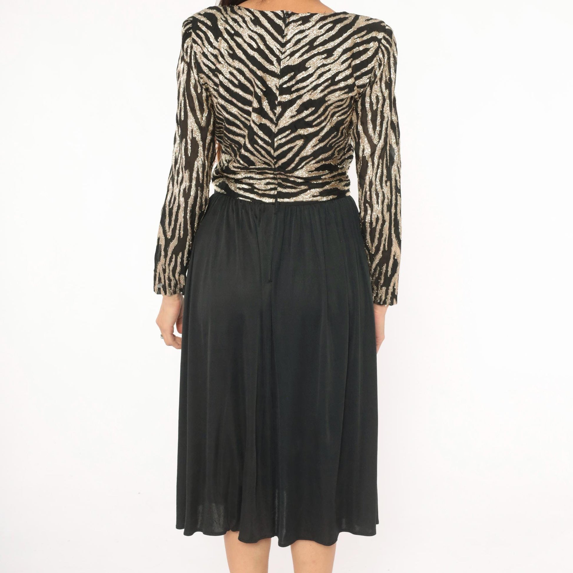 80s Ursula of Switzerland Gold Zebra Stripe Midi Dress Black Long Sleeve Medium M