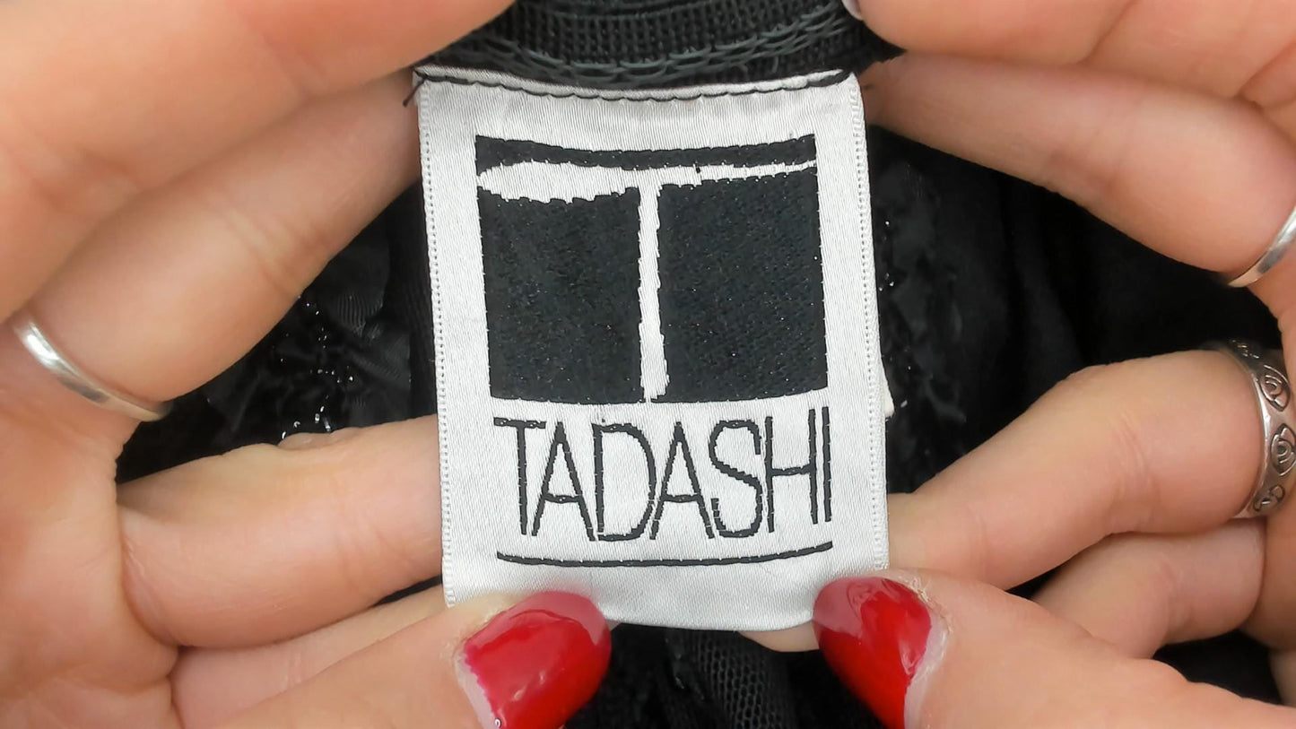 90s Tadashi Off-Shoulder Beaded Cocktail Dress Black Mesh Knee-Length Large L