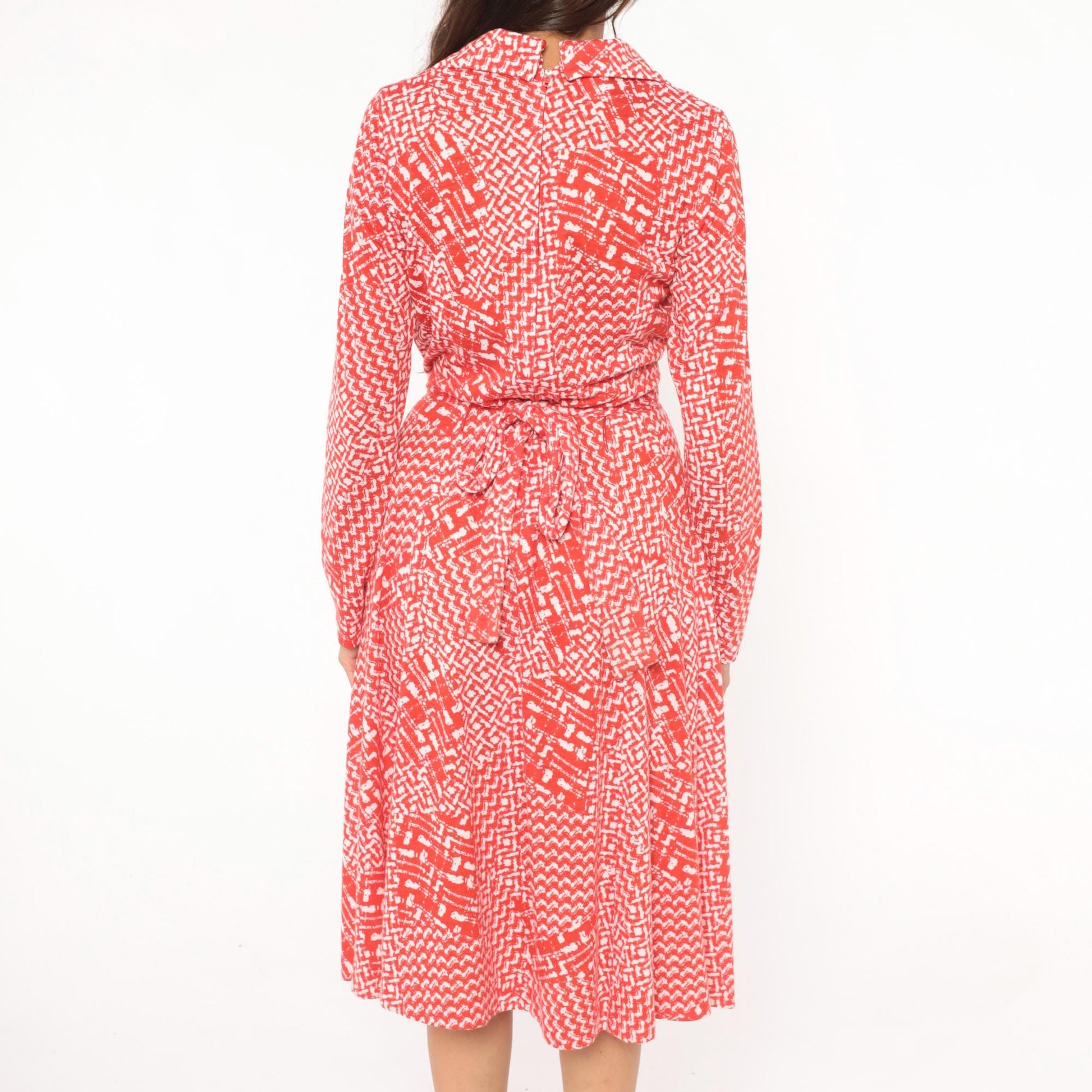 80s Tall Shop Red White Geometric Wrap Dress Knee Length Large L