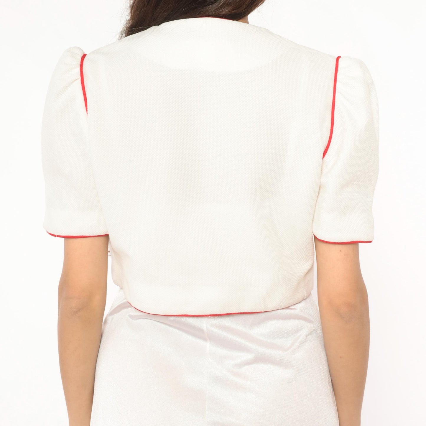 70s Nancy Stevens White Bolero Jacket Red Piping Puff Sleeve Cropped Extra Small
