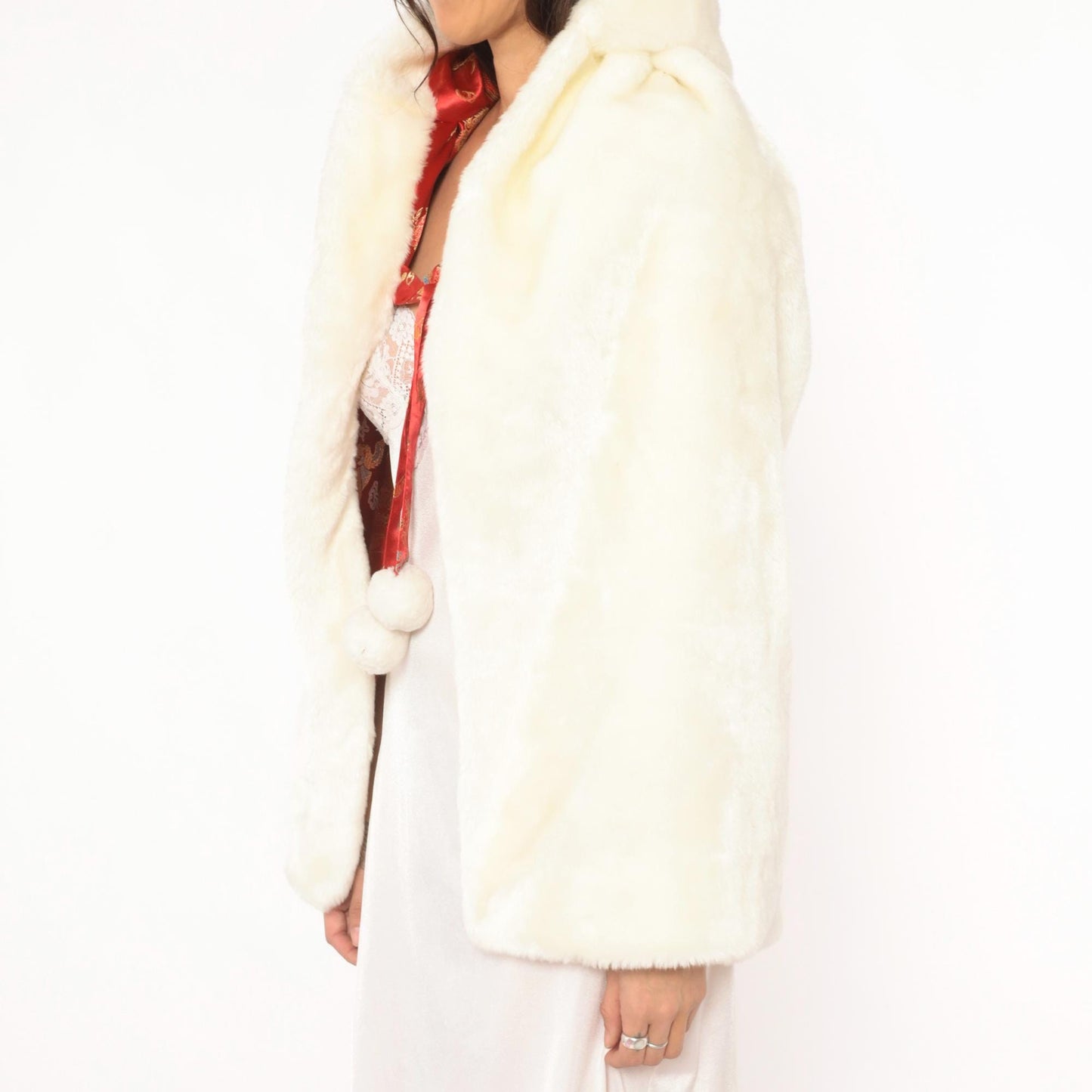 80s Reversible Faux Fur Cape Red Dragon Phoenix Brocade Hooded Cloak Extra Extra Small