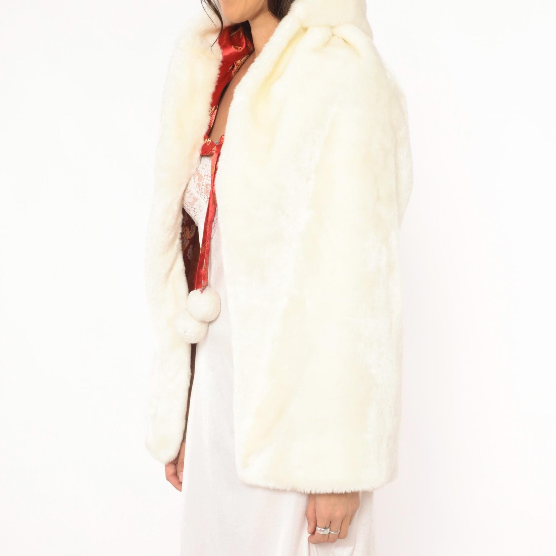 80s Reversible Faux Fur Cape Red Dragon Phoenix Brocade Hooded Cloak Extra Extra Small