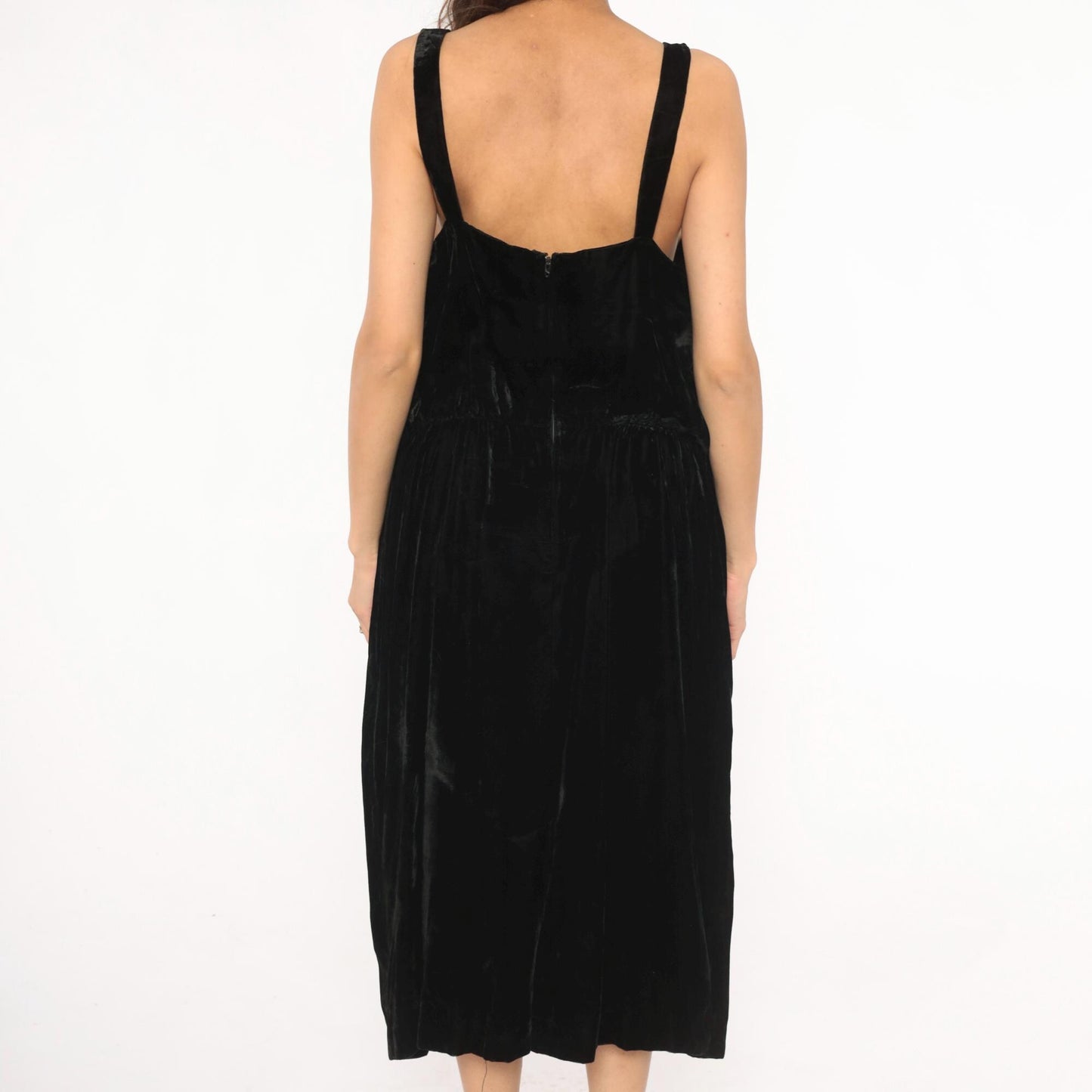 80s Black Velvet Sleeveless Dress Gathered Waist Scoop Neck Midi Large L