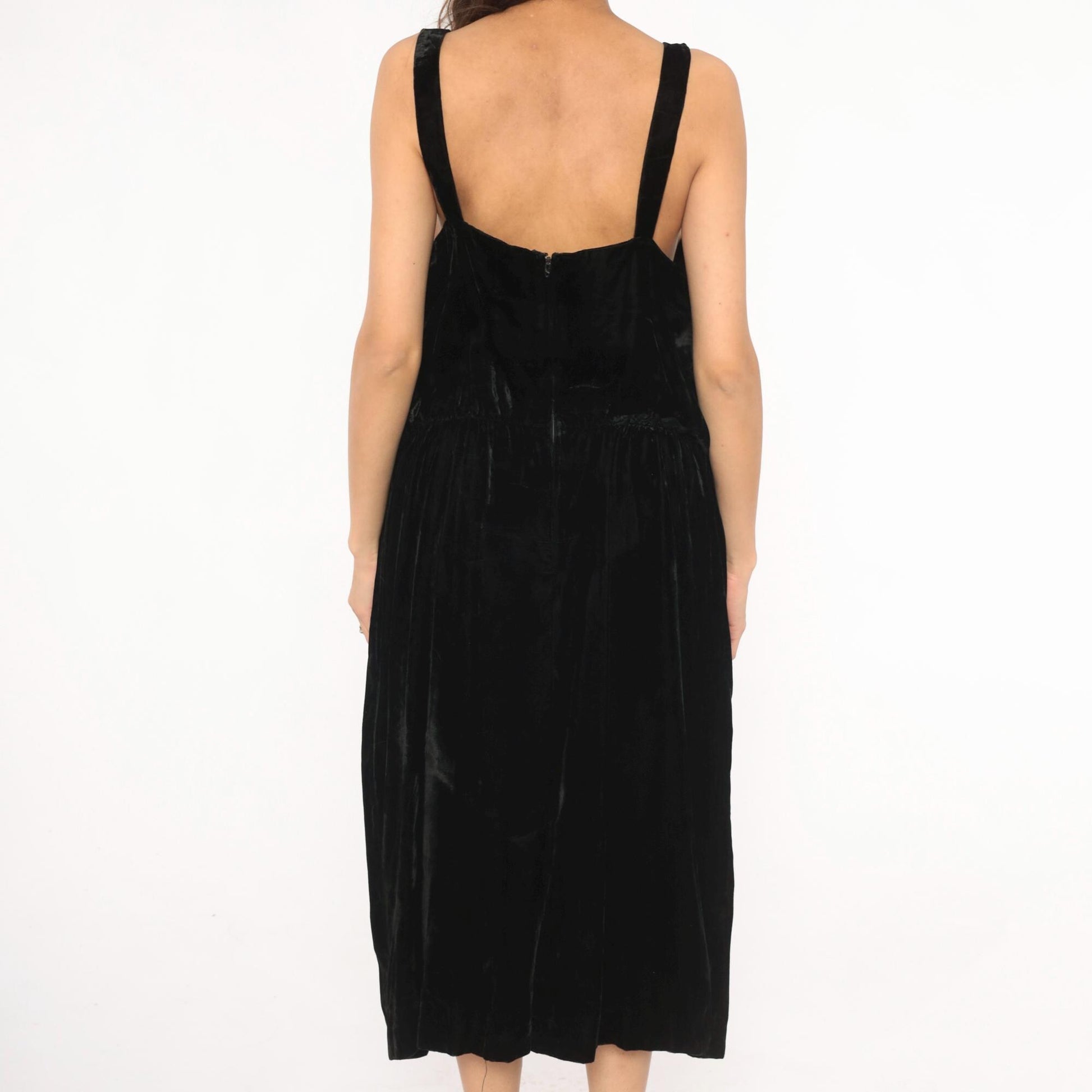 80s Black Velvet Sleeveless Dress Gathered Waist Scoop Neck Midi Large L