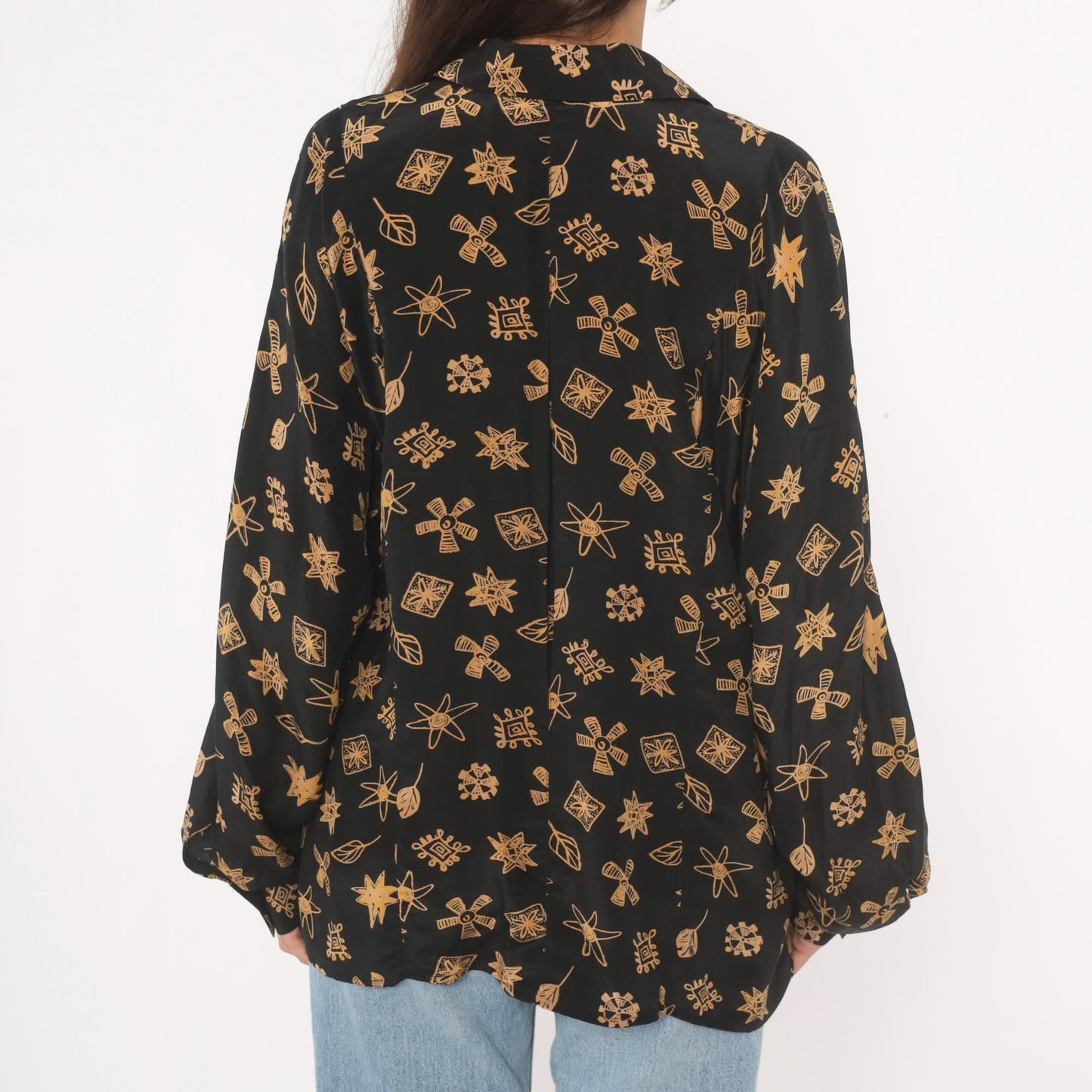 90s Annie Alexander Silk Blouse Black Gold Abstract Print Notched Collar Large L