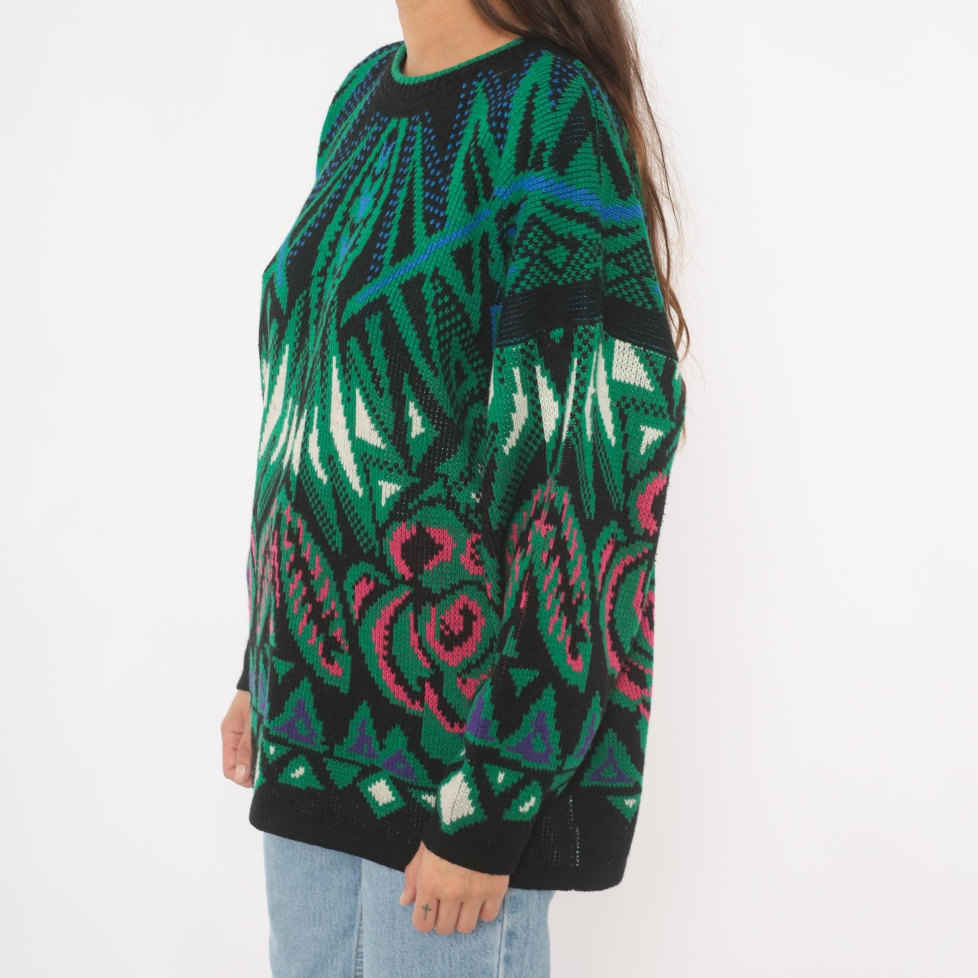 90s Venezia Geometric Jacquard Knit Sweater Green Pink Blue Crewneck XL