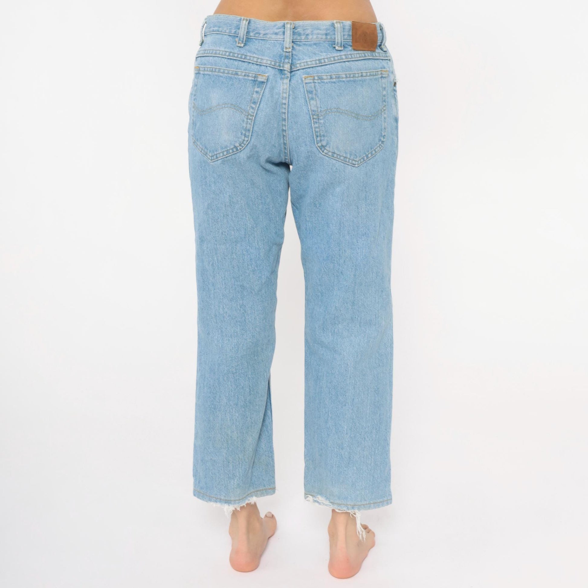 Y2K Light Wash Straight Leg Cropped Jeans Raw Hem Blue Cotton Large L