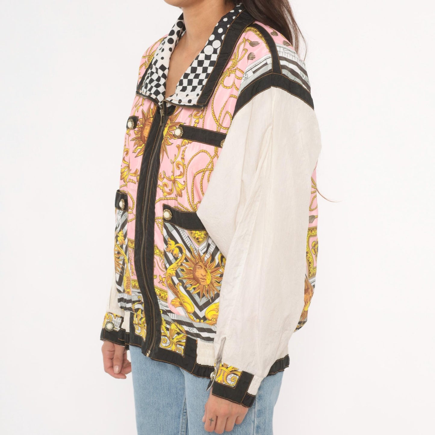 90s Giacca Sport Celestial Baroque Windbreaker Pink Gold Zip Jacket Large L