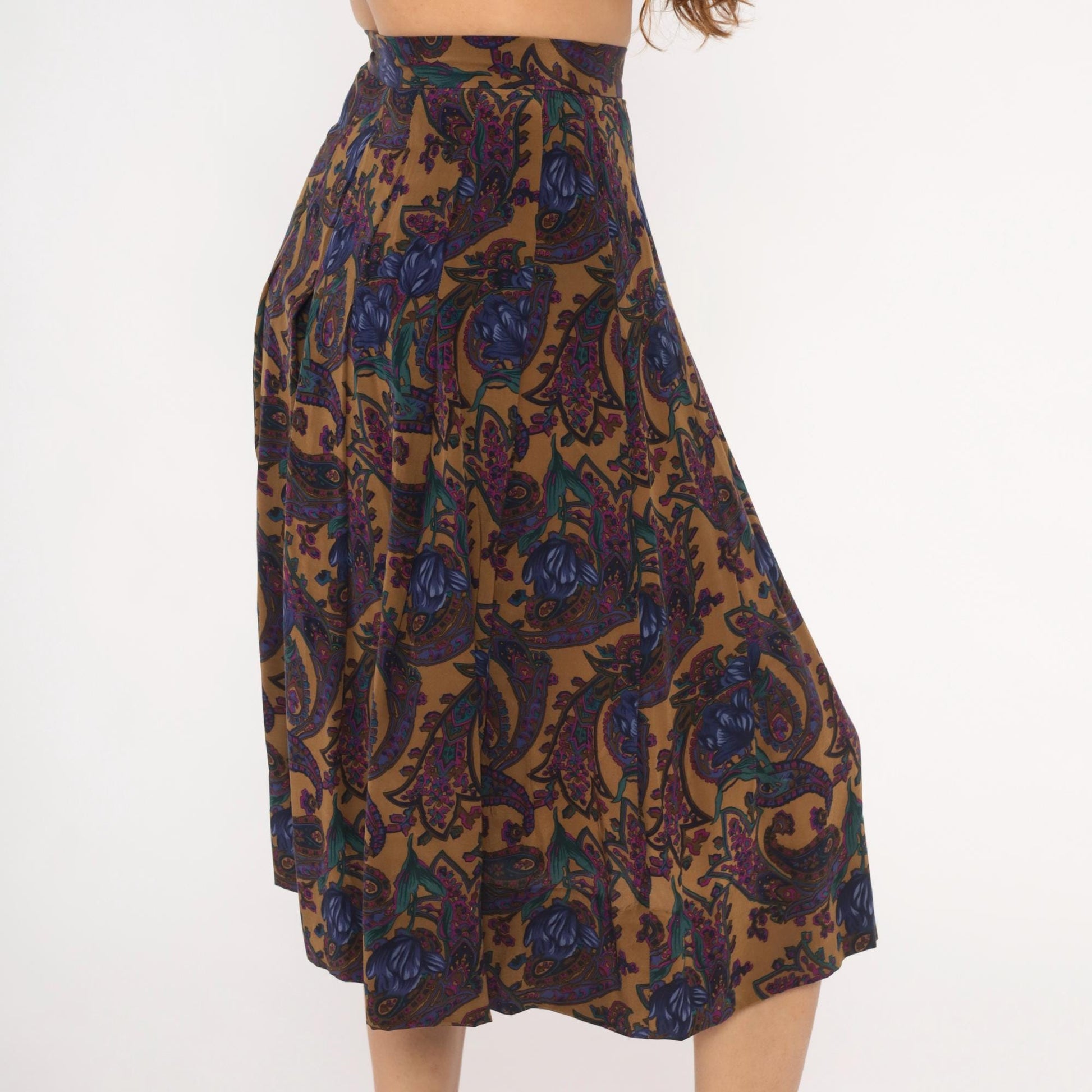 80s Saks Fifth Avenue Paisley Silk Skirt Knee-Length Pleated High Waist Small S