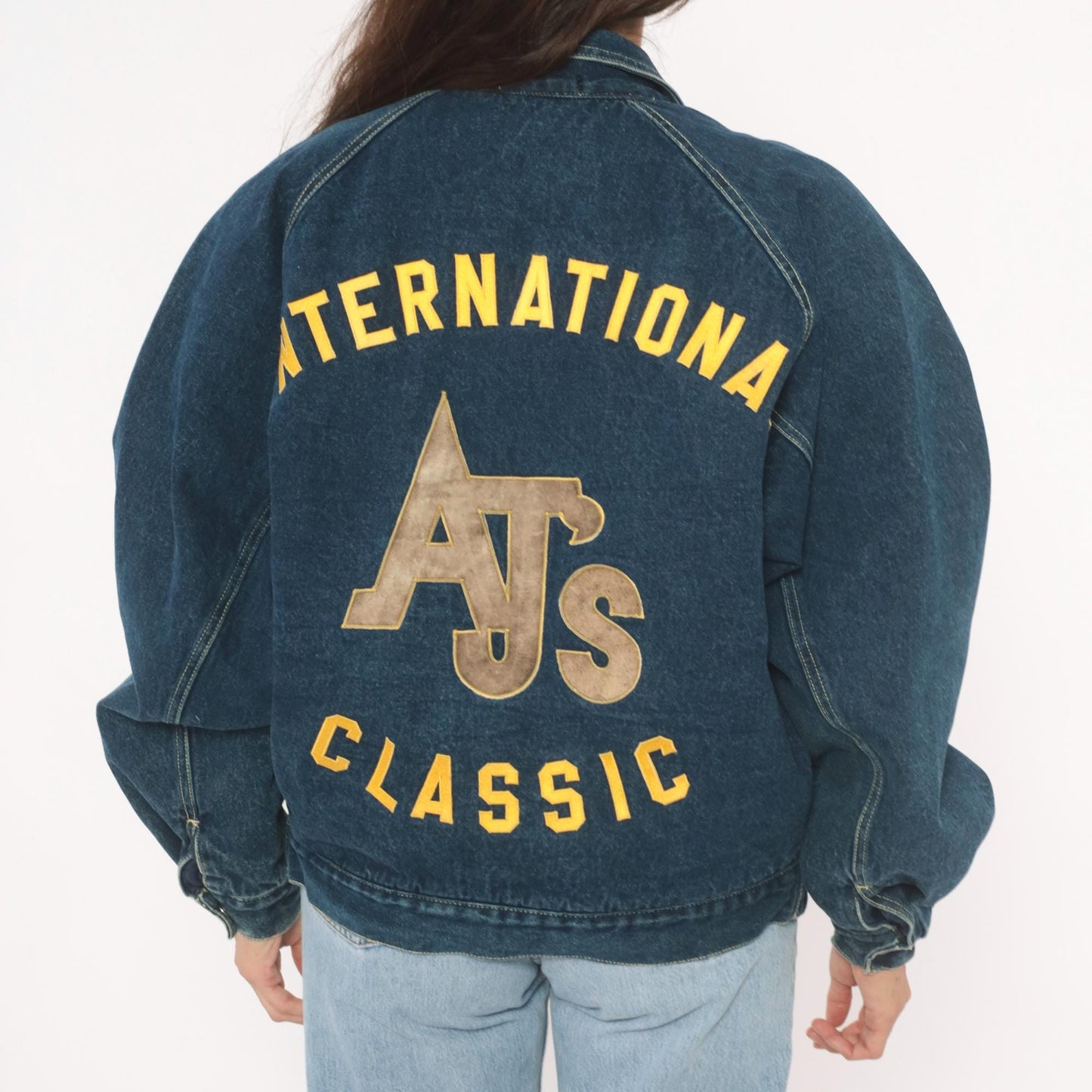 90s AJs Dark Wash Denim Bomber Jacket Embroidered Logo Small