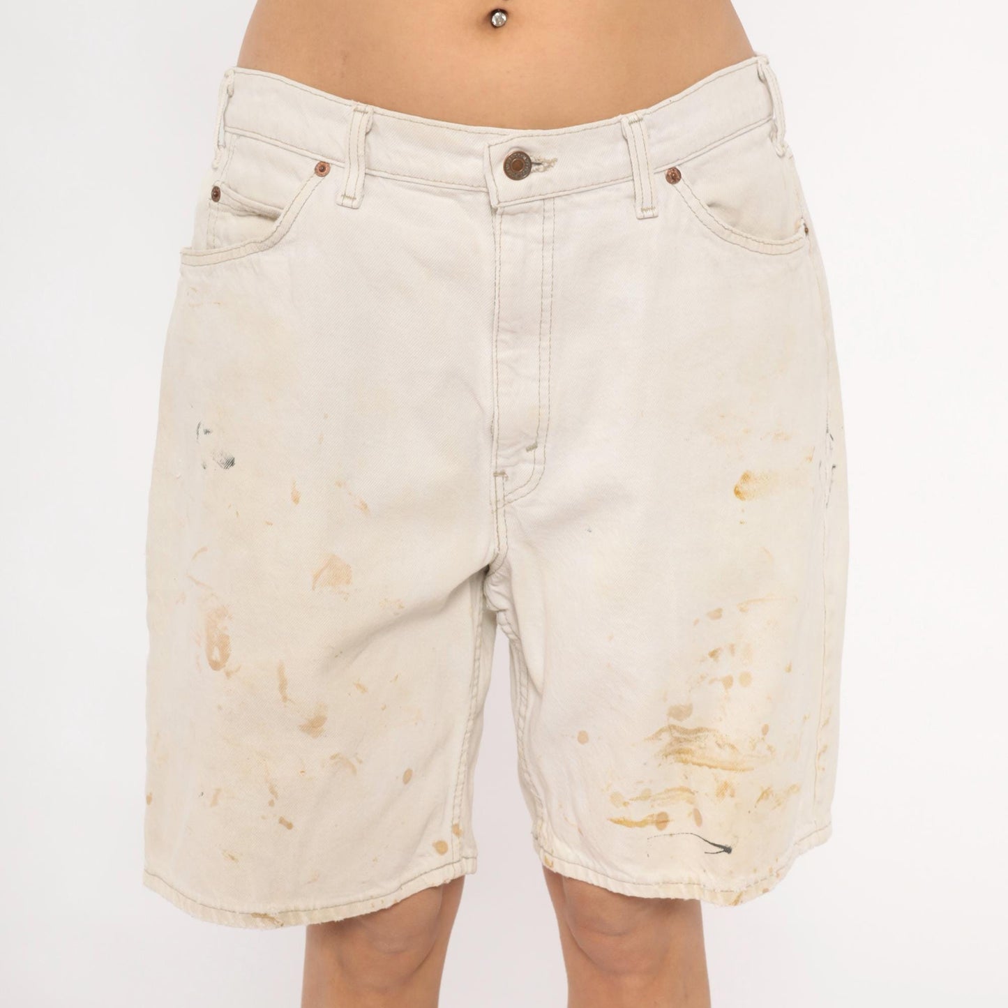 90s Levi's 550 Off-White Denim Shorts High Rise Distressed Cream Waist 36