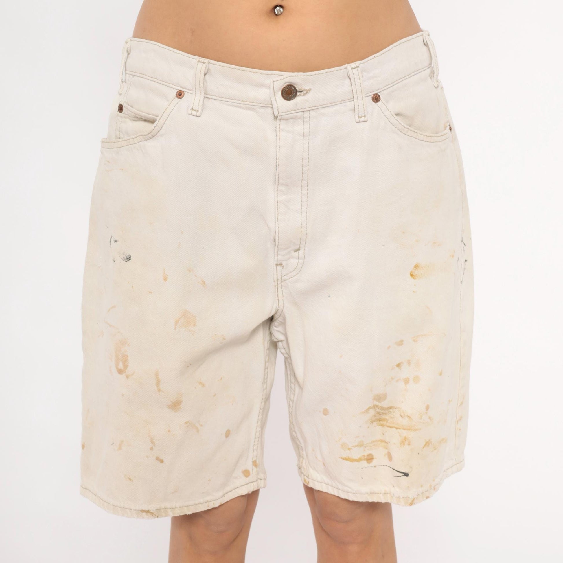 90s Levi's 550 Off-White Denim Shorts High Rise Distressed Cream Waist 36