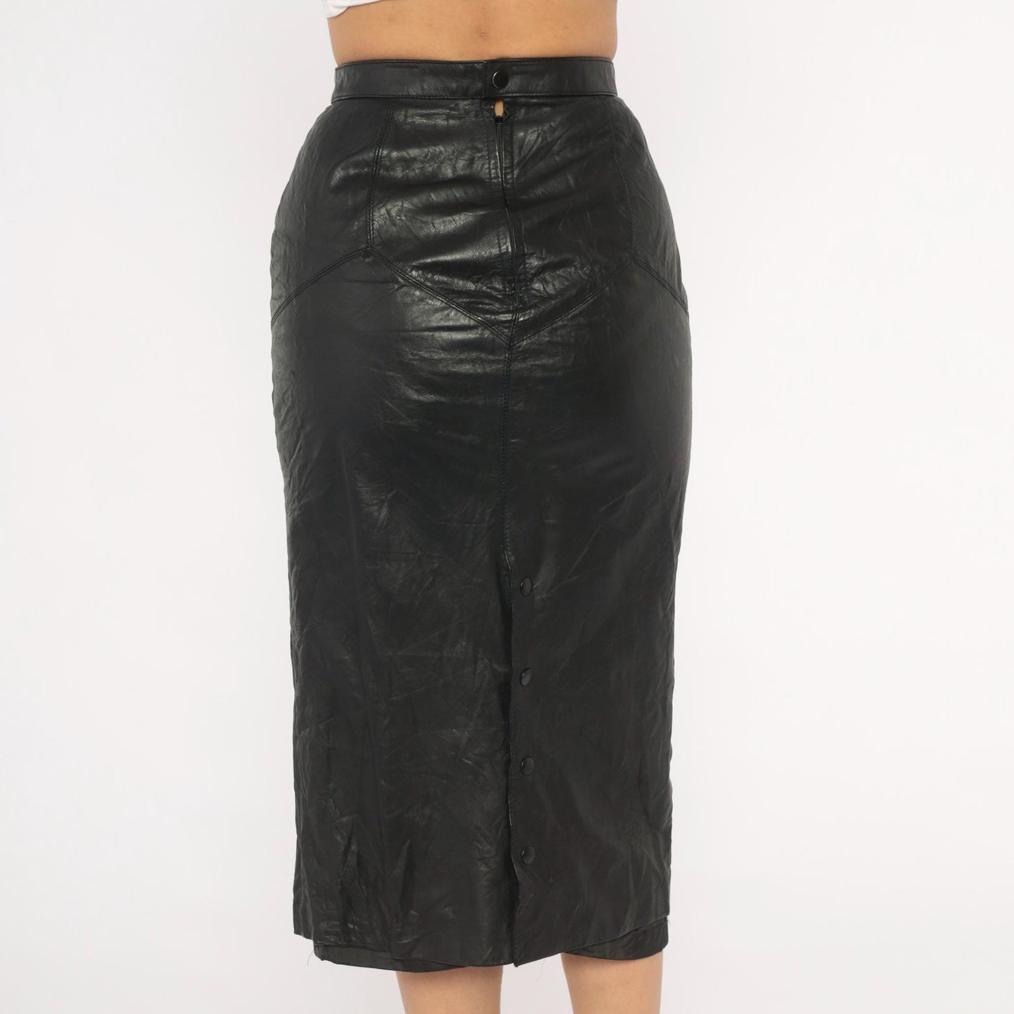 90s G 3 Leather Fashions Black Leather Pencil Skirt High Waist Midi XS