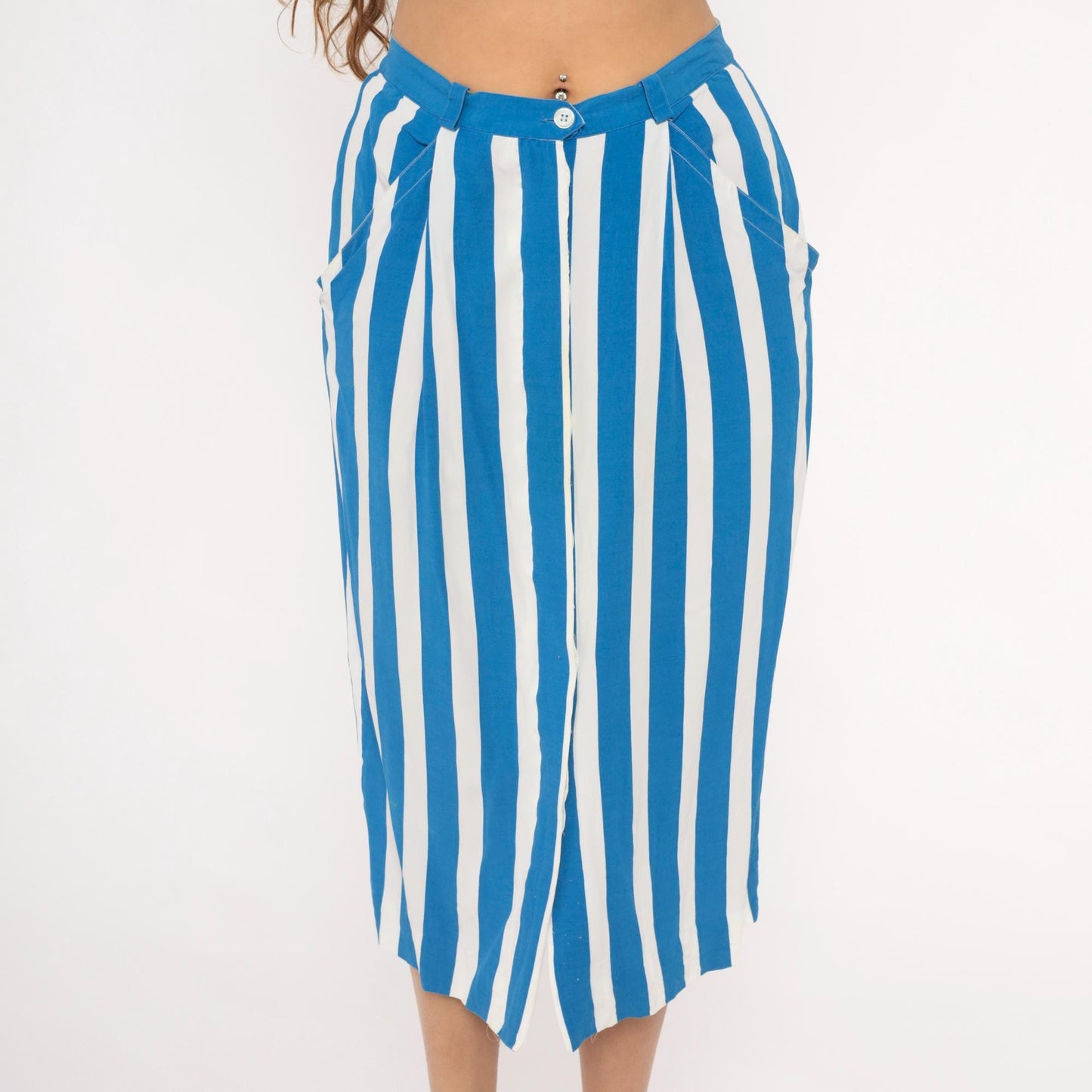 90s Jones New York Blue White Striped Midi Skirt High Waist Pockets Medium M