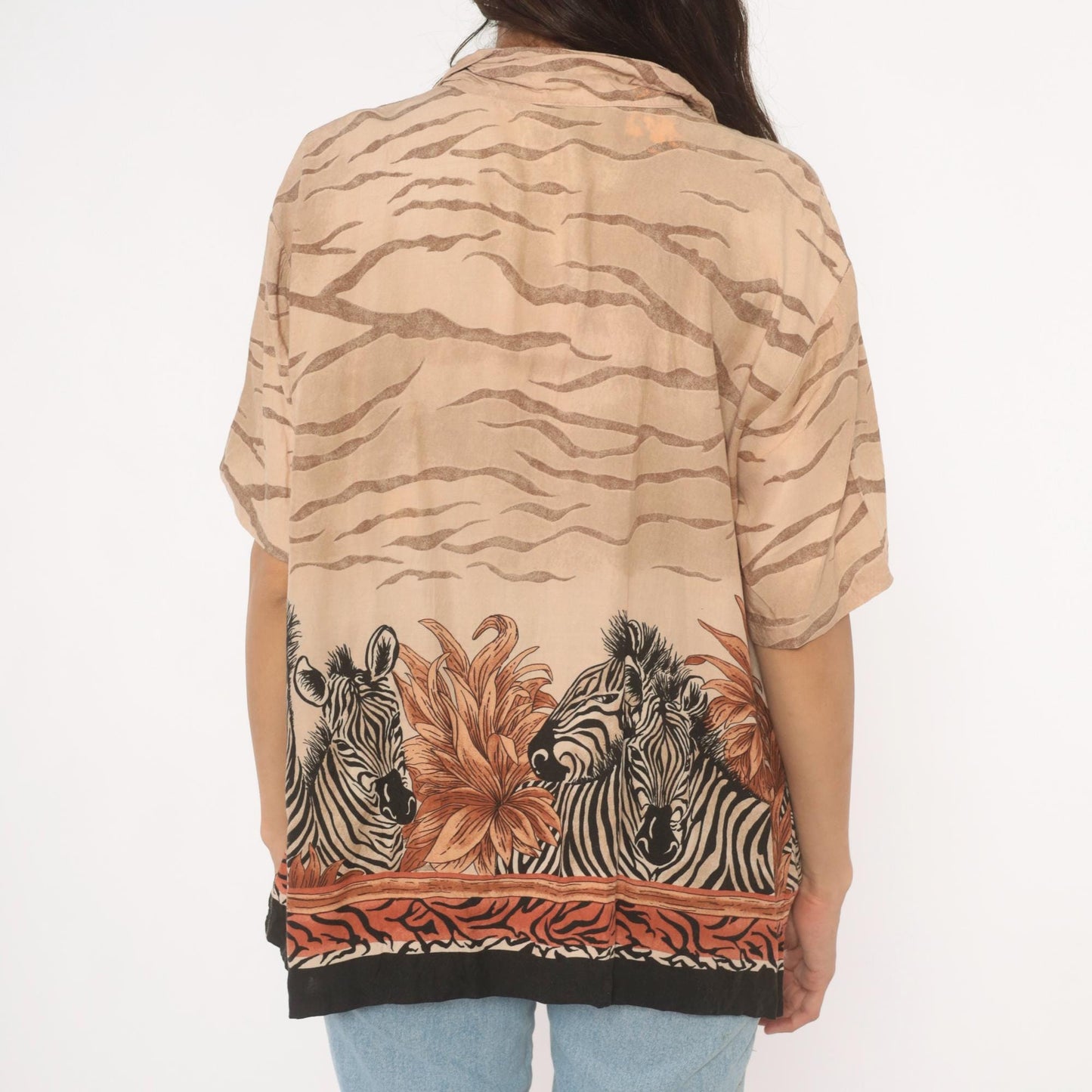 90s Teddi Zebra Safari Camp Collar Shirt Animal Print Tan Large L