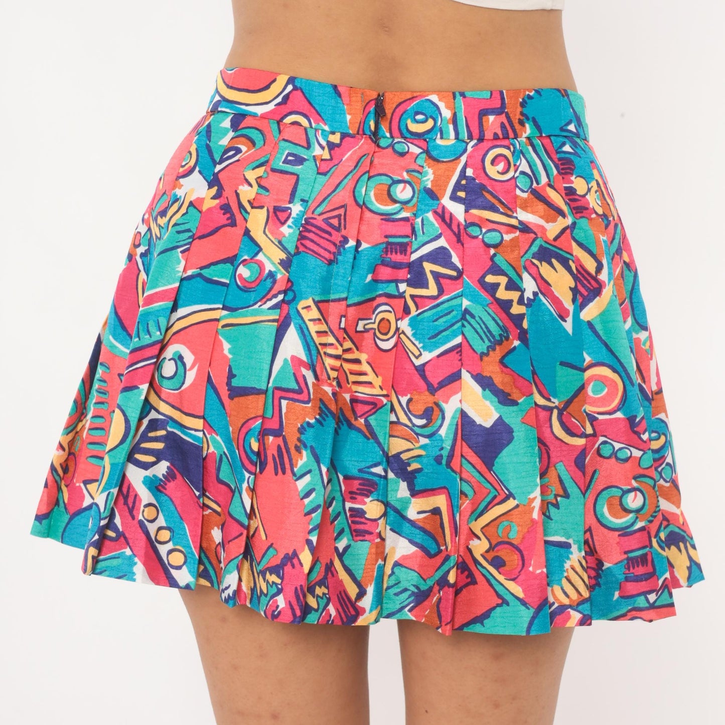 90s Lily's of Beverly Hills Pleated Mini Skirt Abstract Geometric Print Pink Teal Medium