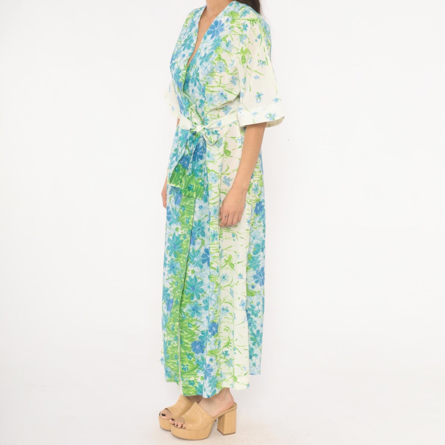 70s Floral Kimono Robe Maxi Wrap Dress Watercolor Print Blue Green Medium