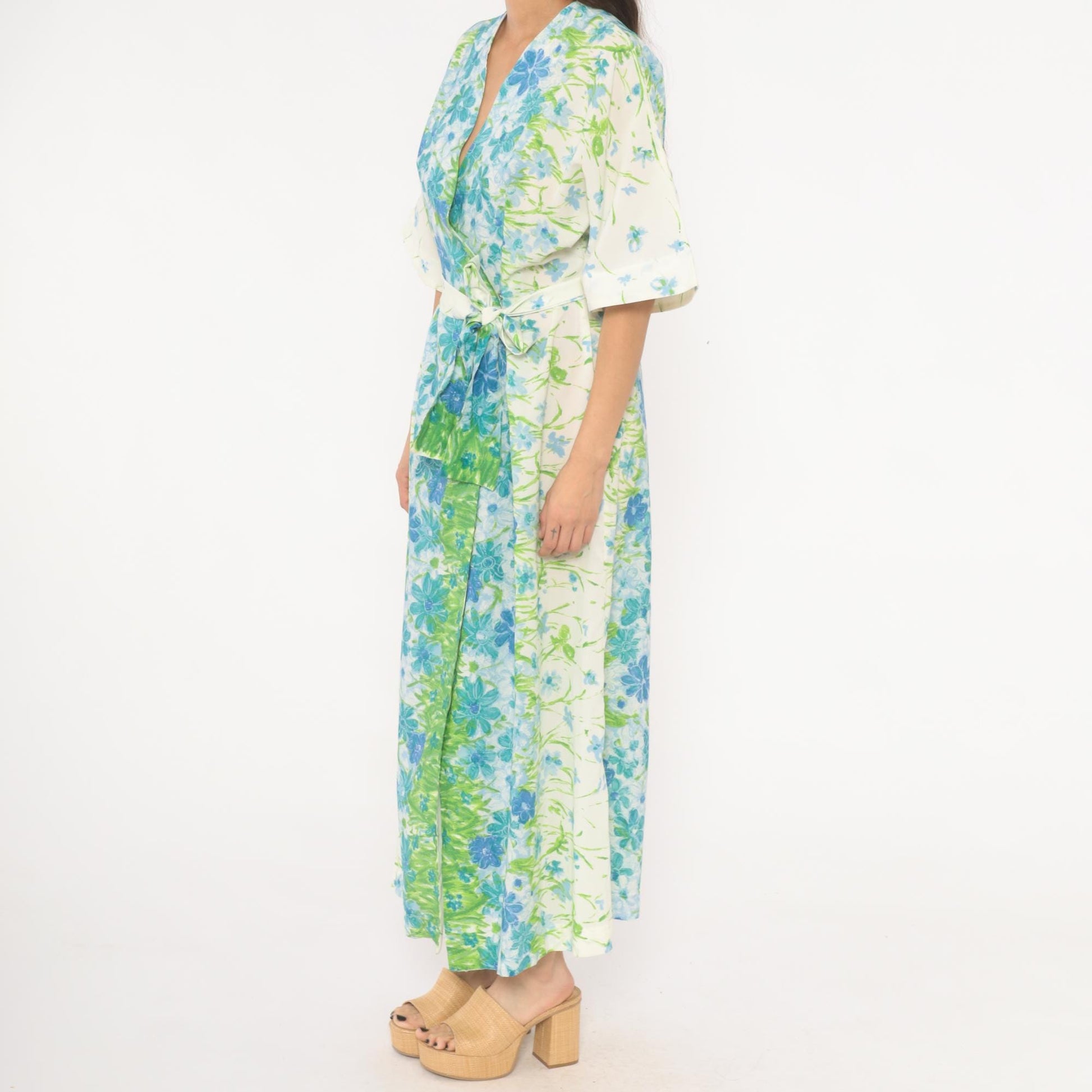 70s Floral Kimono Robe Maxi Wrap Dress Watercolor Print Blue Green Medium