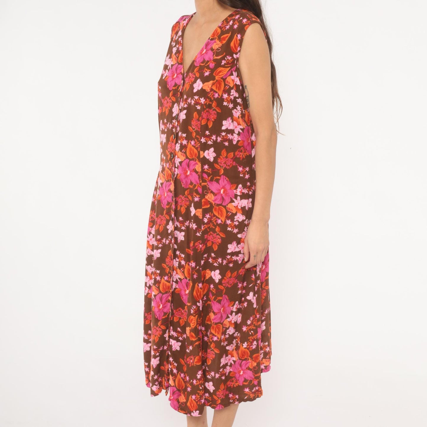 Y2K Roaman's Tropical Floral Midi Dress Brown Pink Orange Button Front Plus Size 14W