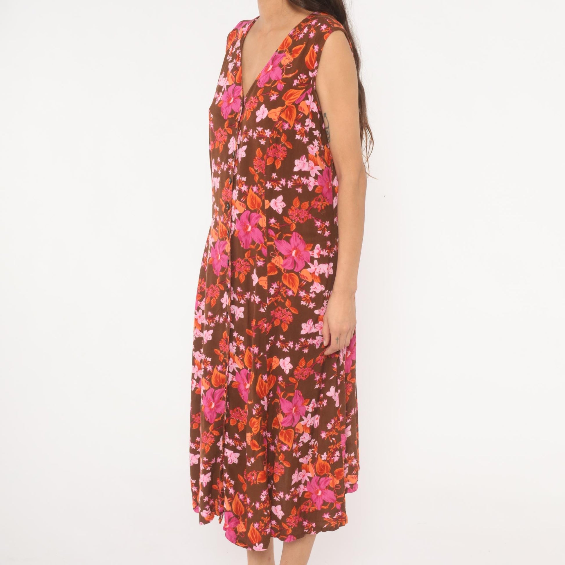 Y2K Roaman's Tropical Floral Midi Dress Brown Pink Orange Button Front Plus Size 14W