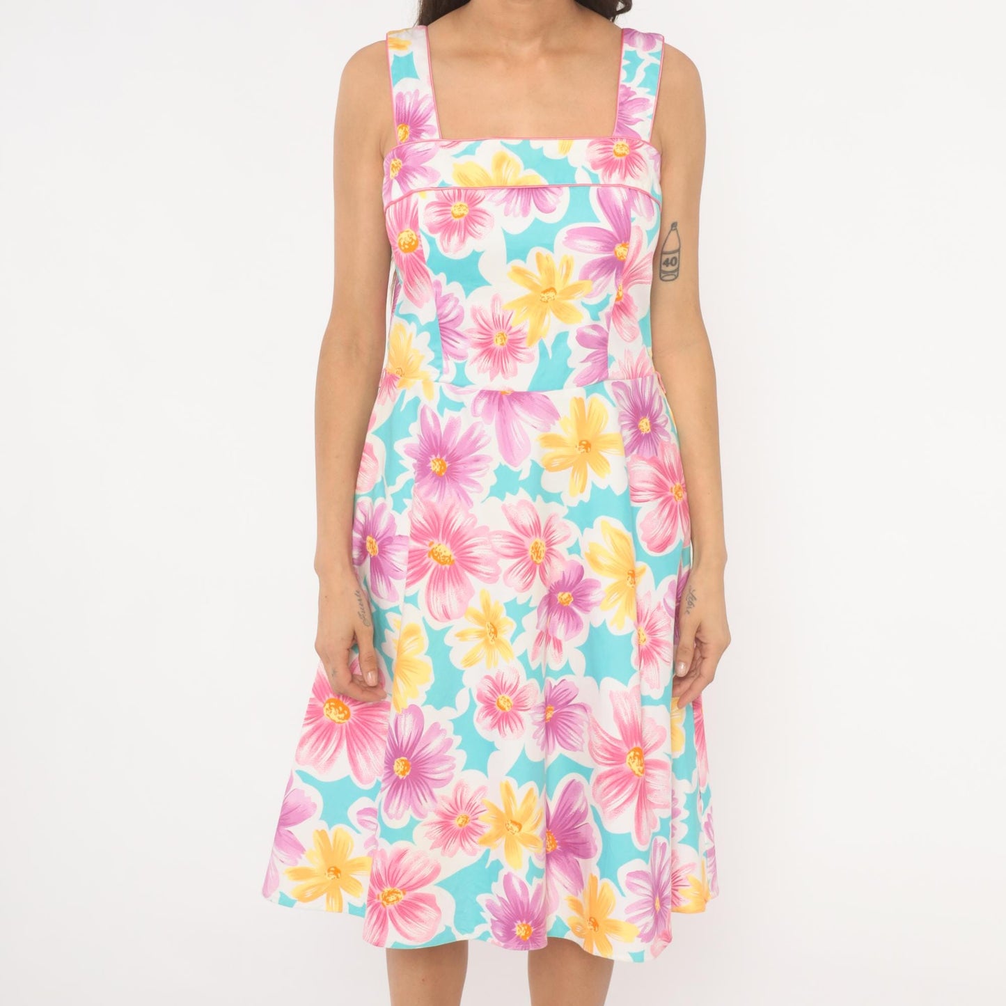 90s Scarlett Floral Sundress Square Neck Daisy Print Sky Blue Medium M