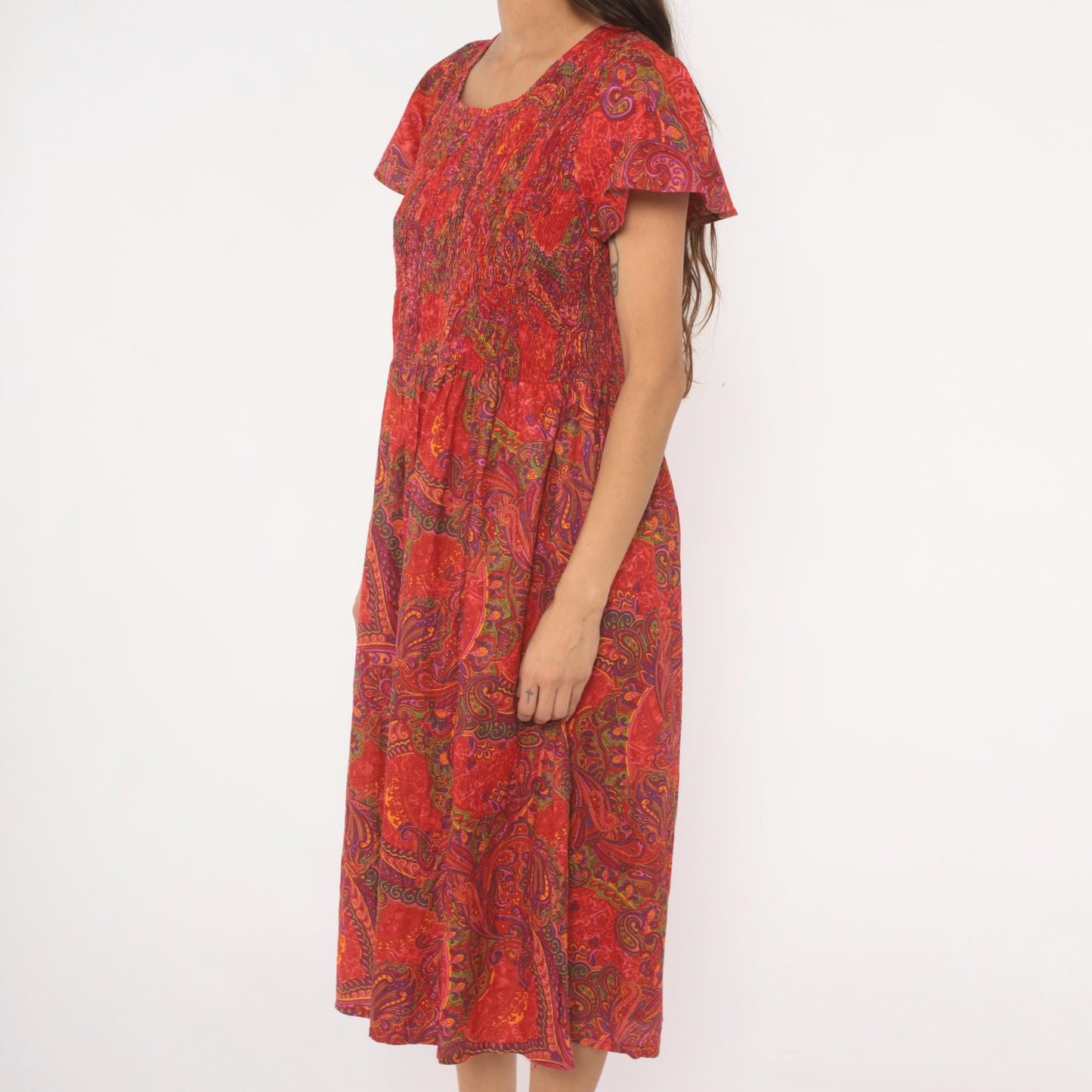 70s Metropolitan Paisley Smocked Midi Dress Red Flutter Sleeve Cotton Large L