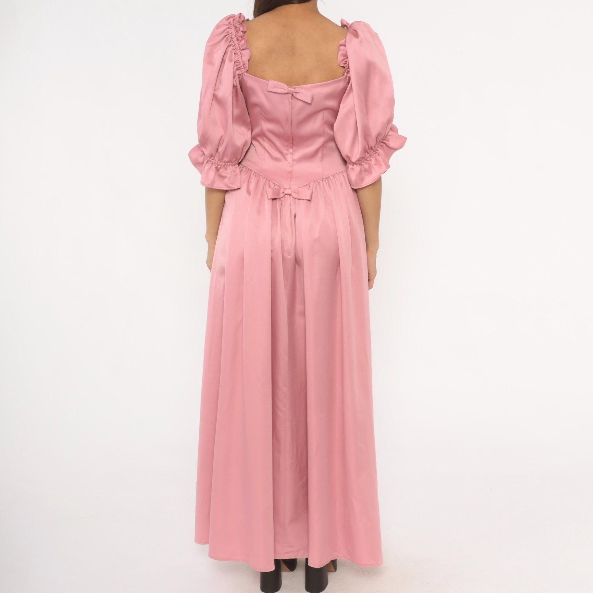 80s Rose Pink Maxi Gown Sweetheart Neckline Puff Sleeve Ruffle Trim Medium M