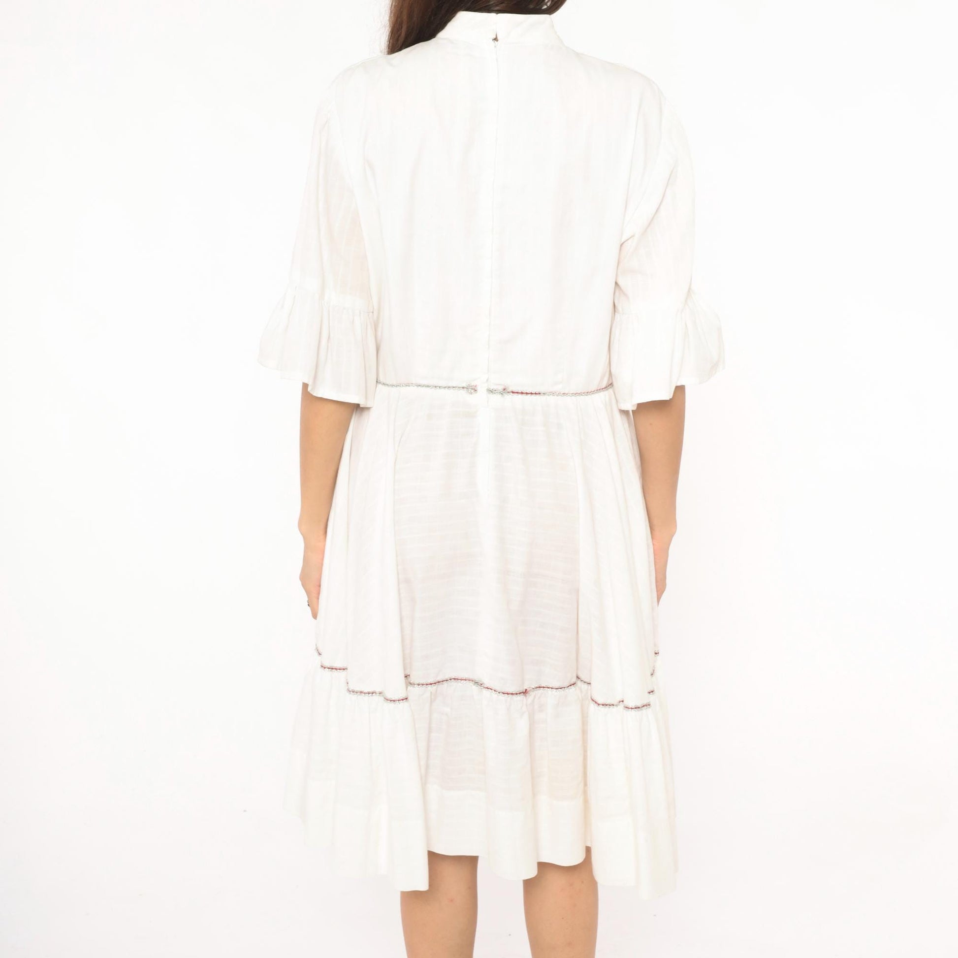 60s Ivory Prairie Dress Tiered Ruffle Bell Sleeve Cotton Knee Length Large L