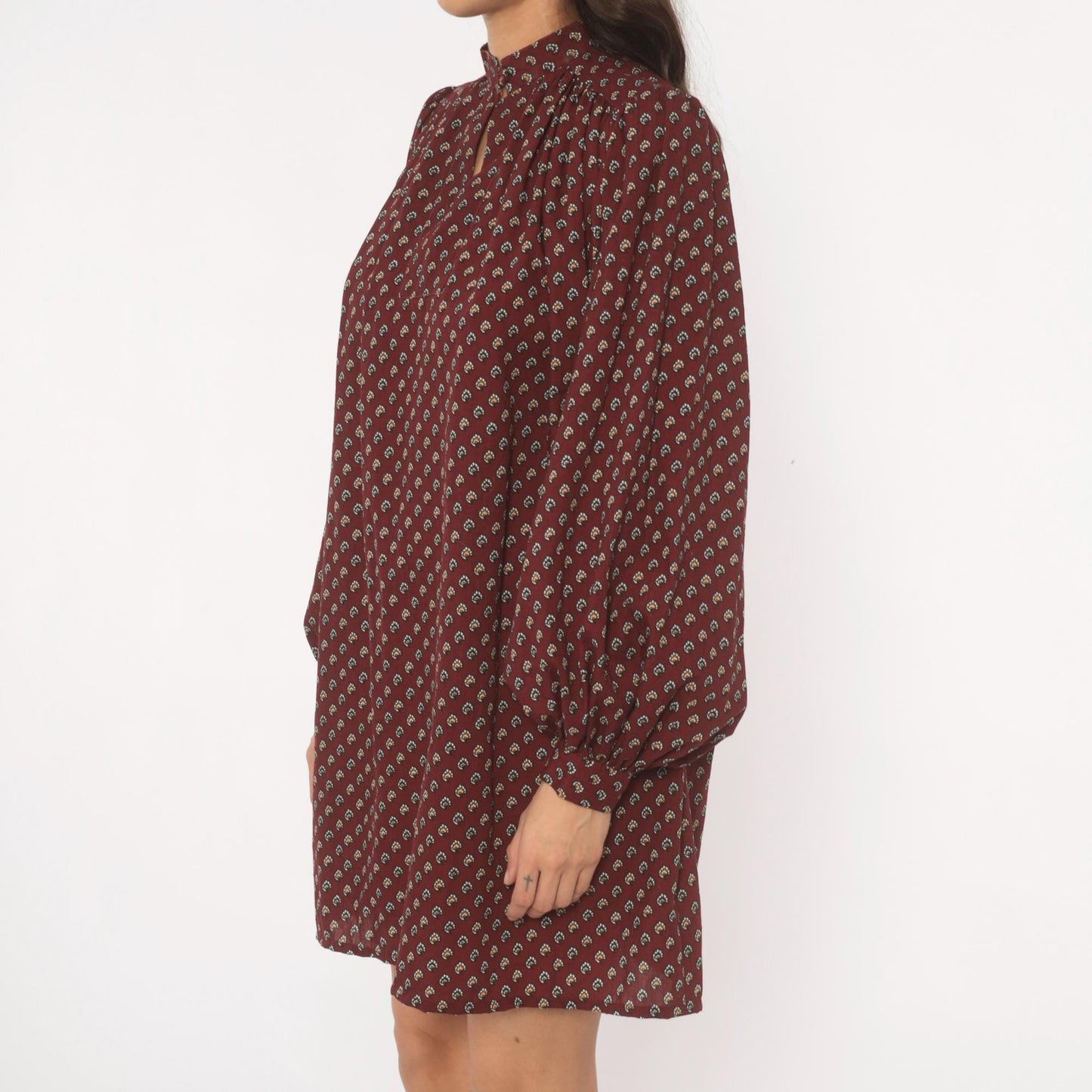 80s Hear Say Burgundy Floral Mini Dress Puff Sleeve Keyhole Band Collar Medium M