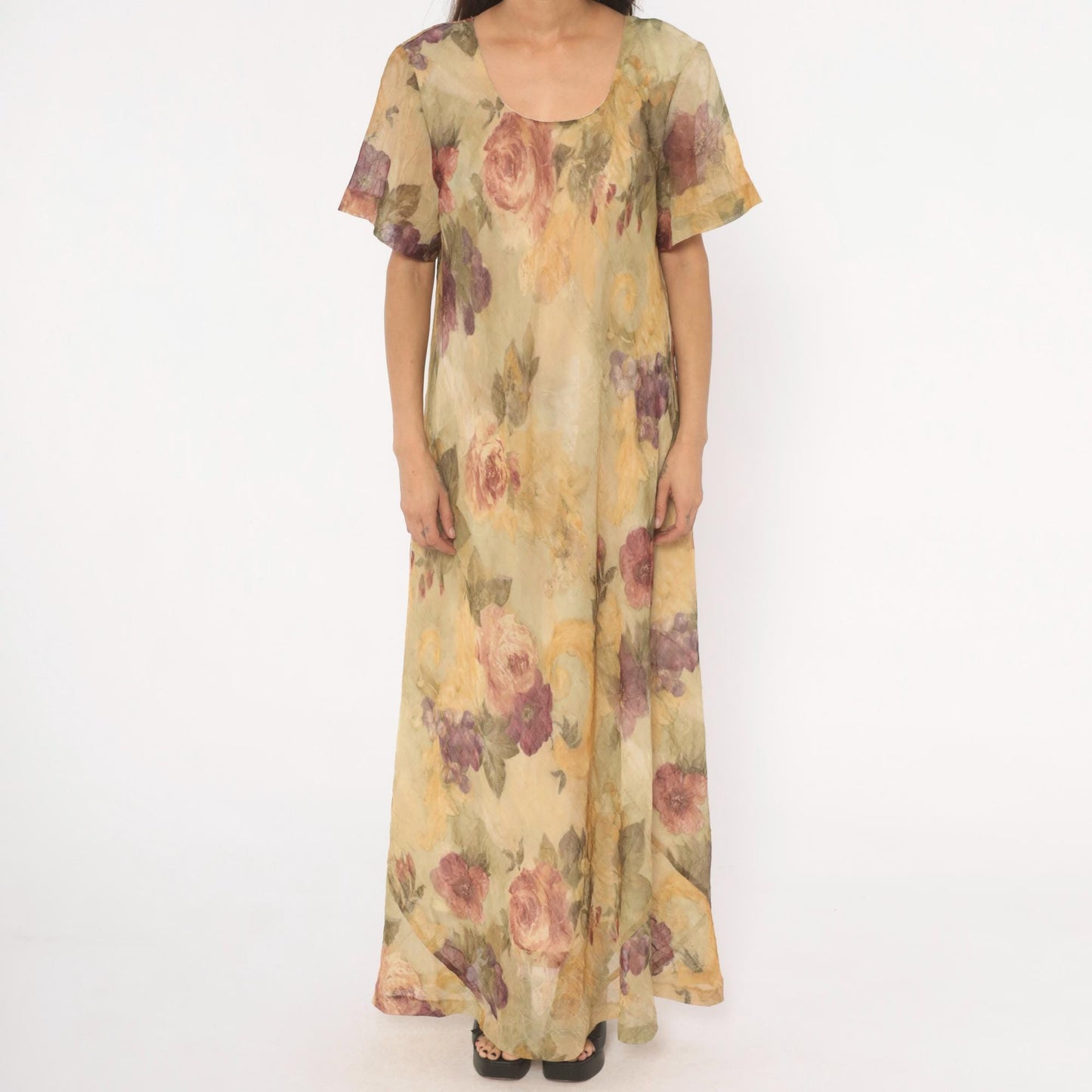 90s DE Frantoria Floral Maxi Dress Cream Rose Print Flutter Sleeve Extra Large