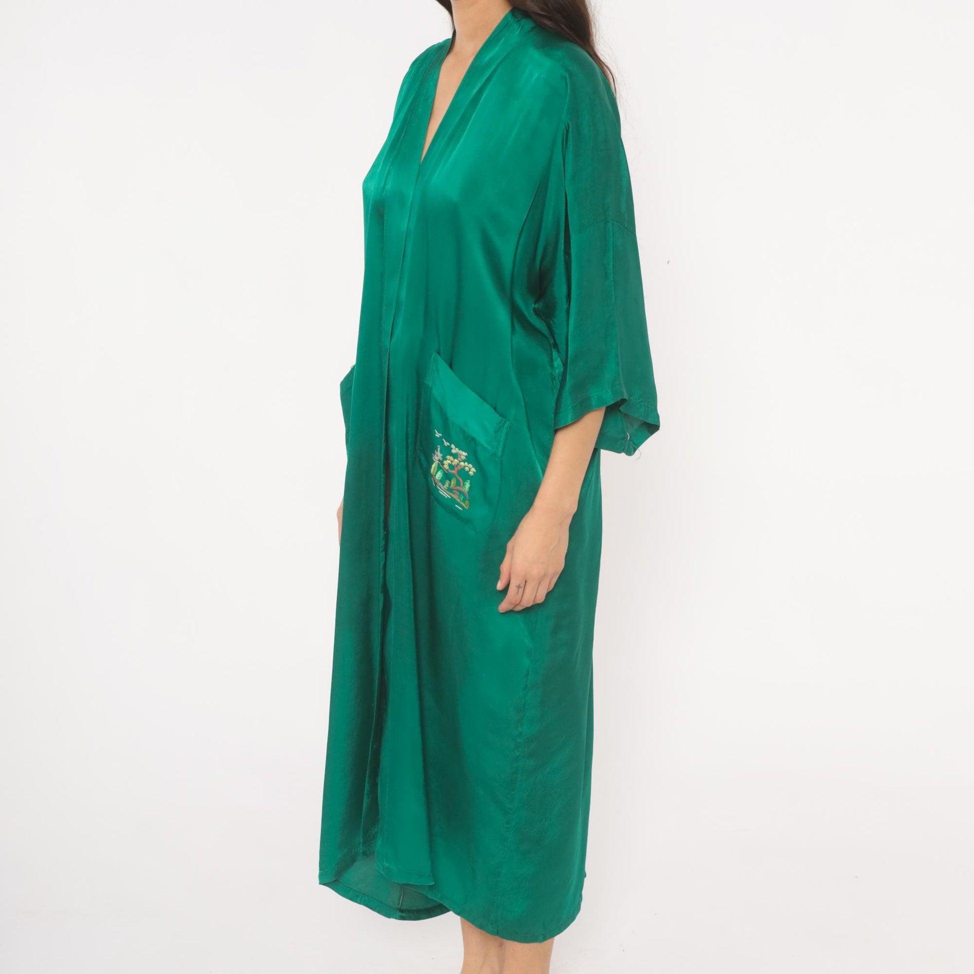 80s Health Silk Kimono Robe Emerald Embroidered Landscape Ankle Length Large L