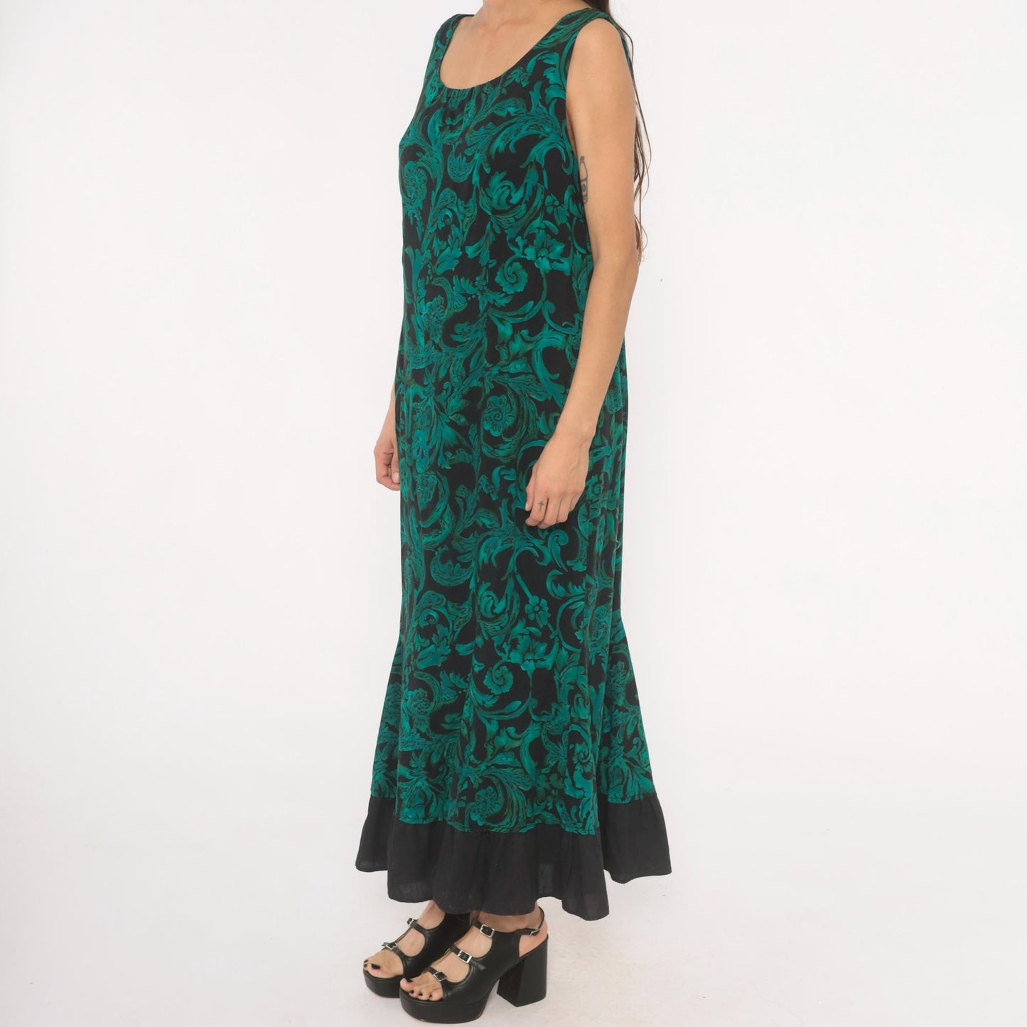 90s R & K Originals Teal Baroque Maxi Dress Emerald Floral Mermaid Large L