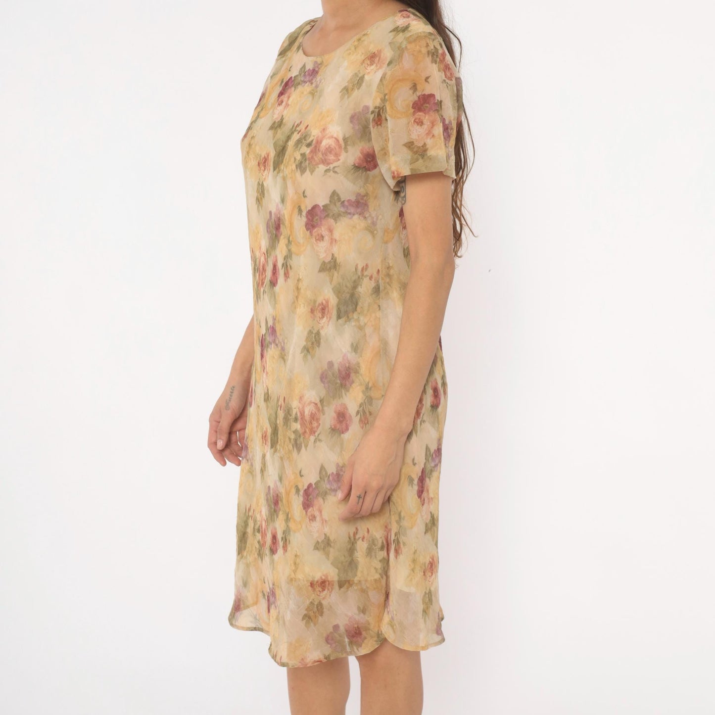 90s DJ Summers Floral Chiffon Dress Tan Rose Print Knee Length Medium M