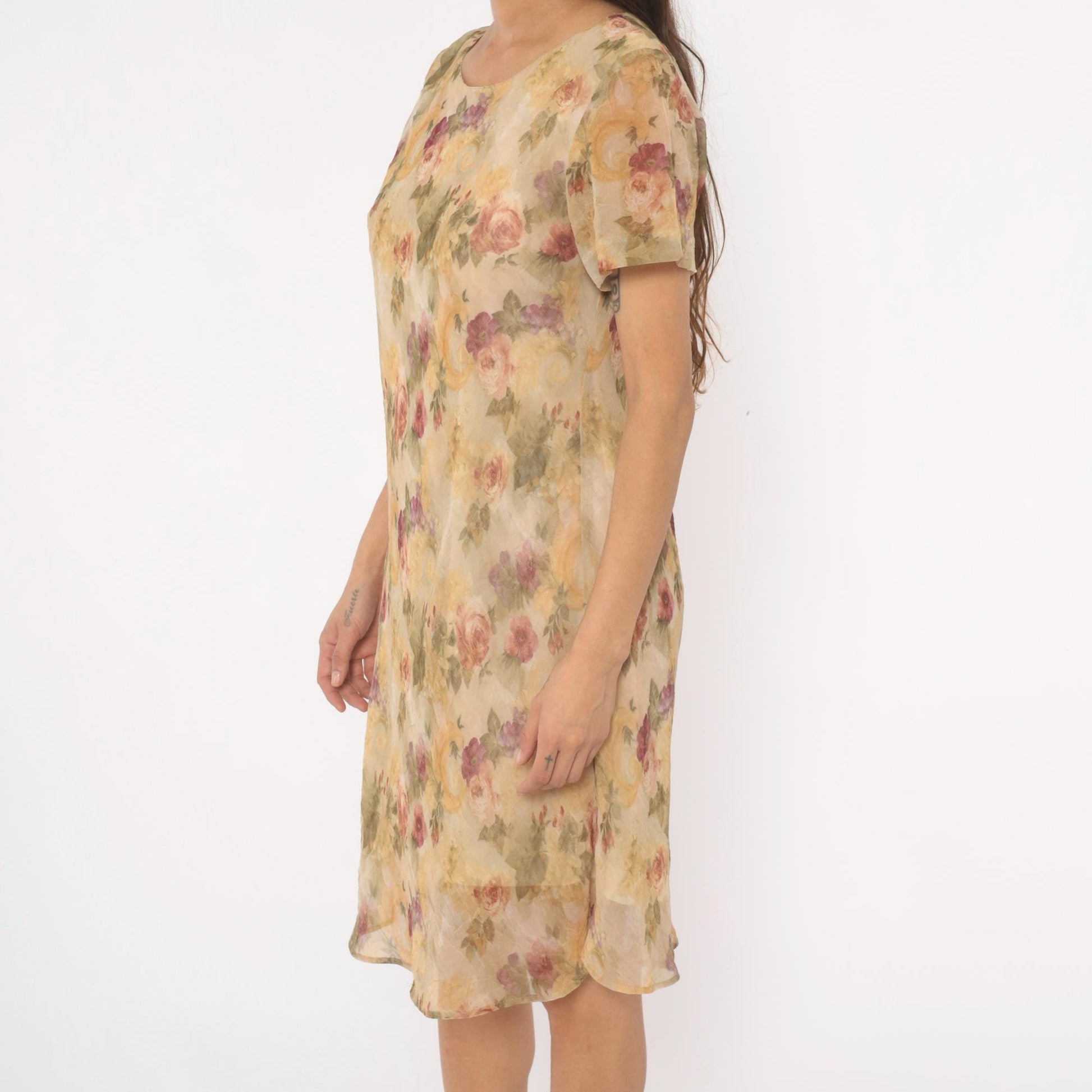 90s DJ Summers Floral Chiffon Dress Tan Rose Print Knee Length Medium M