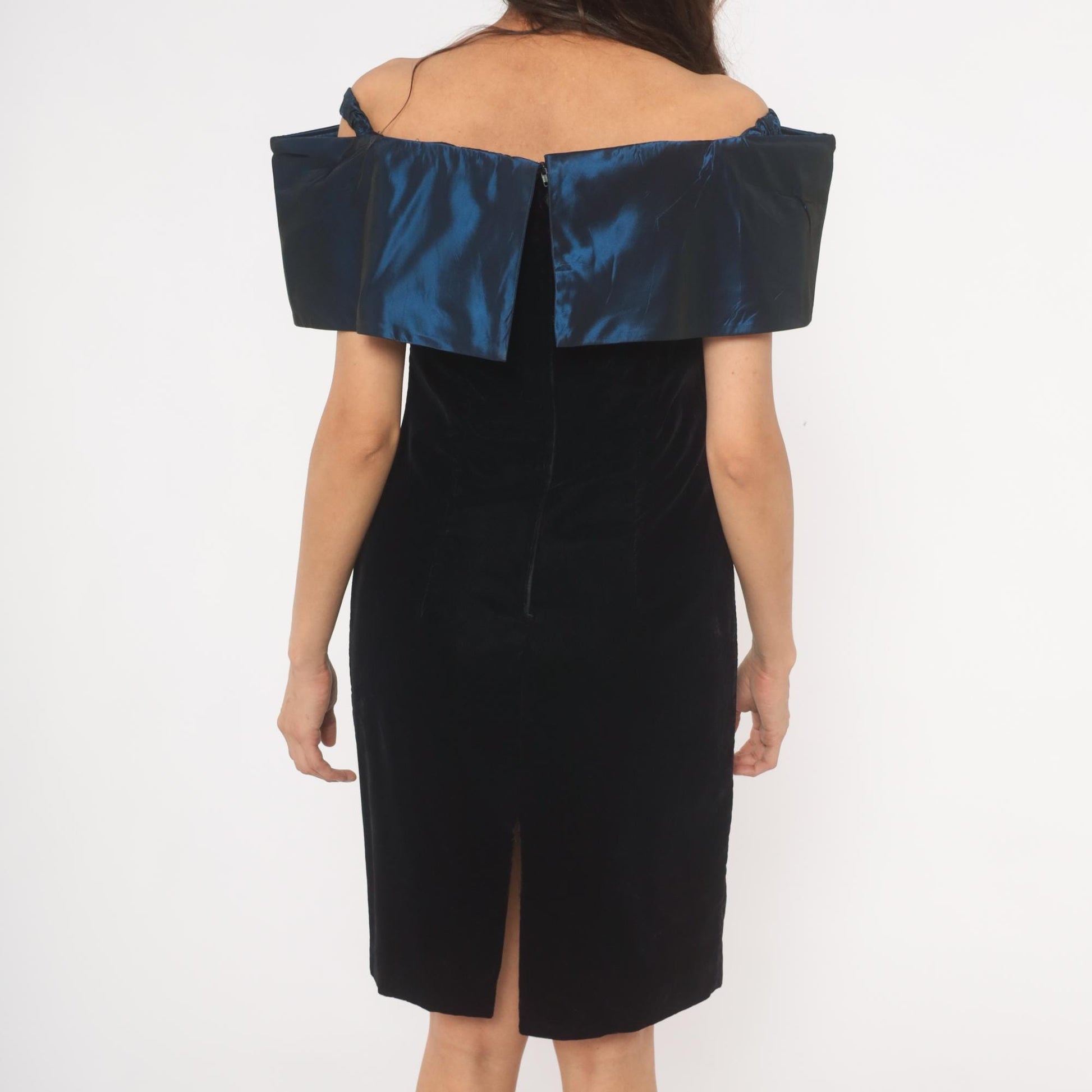 90s Evening Chic Off-Shoulder Velvet Dress Navy Satin Bodice Medium M