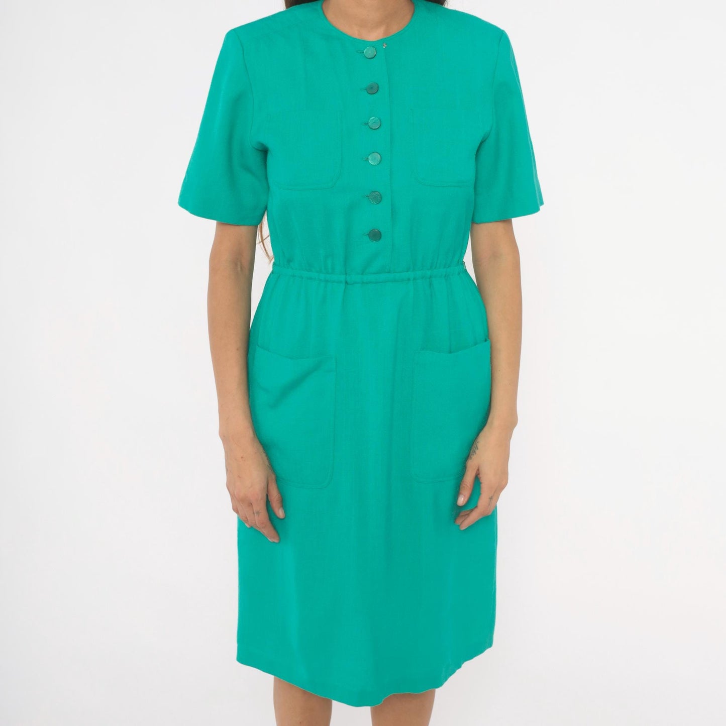 80s Teal Shirtdress Knee-Length Button Front Elastic Waist Small
