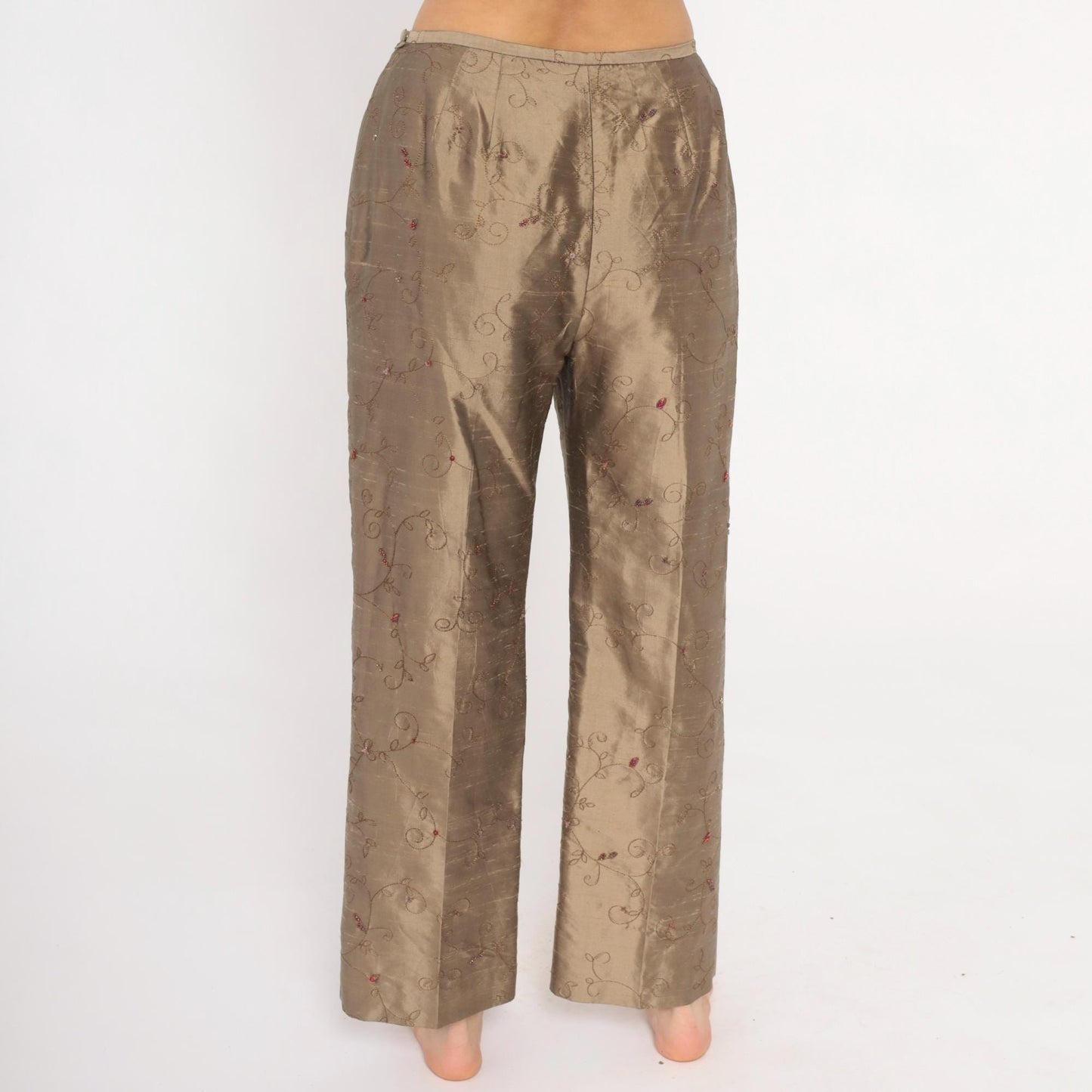 2000s Depeche Mode Silk Trousers Embroidered Floral Tan Low Rise Straight Medium M