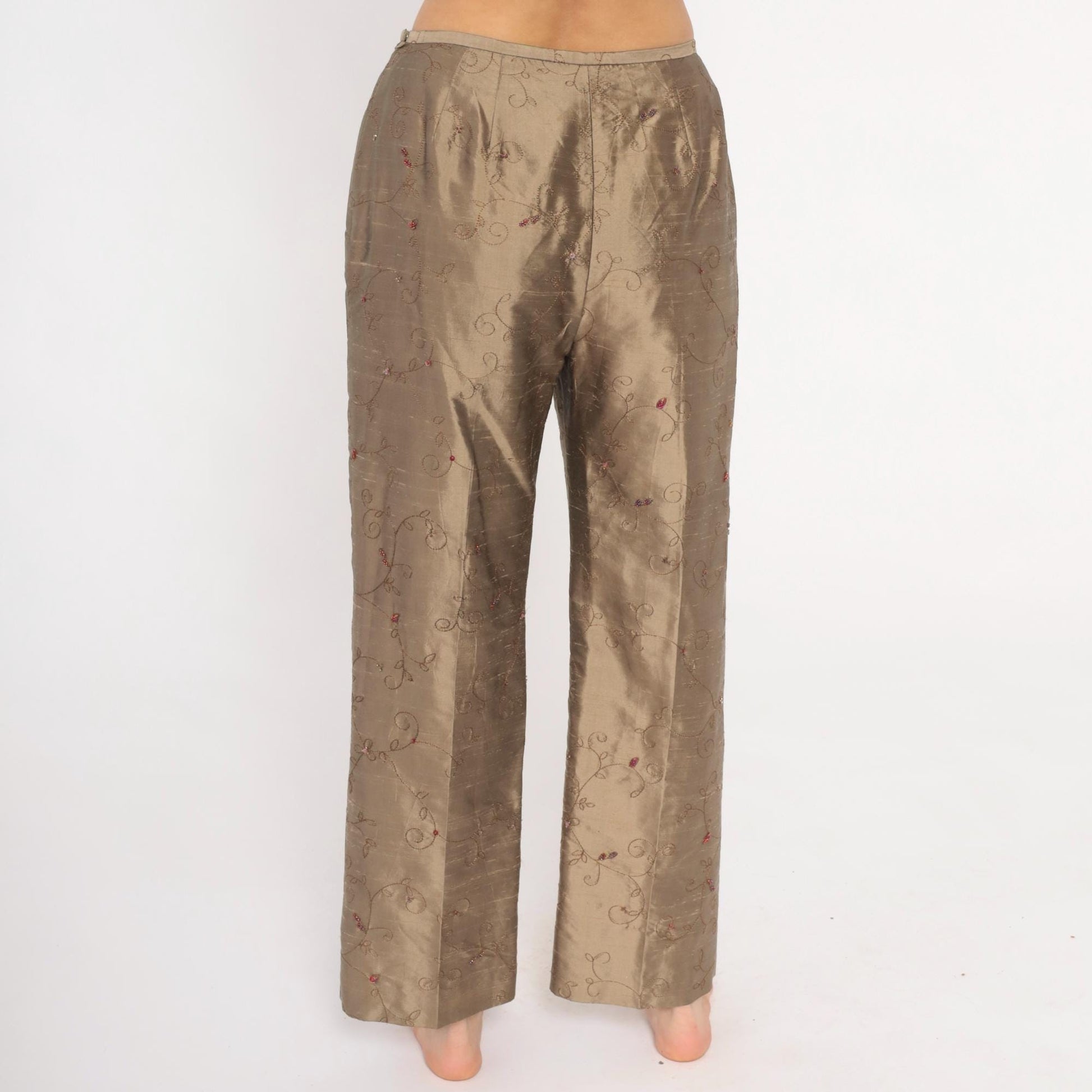 2000s Depeche Mode Silk Trousers Embroidered Floral Tan Low Rise Straight Medium M