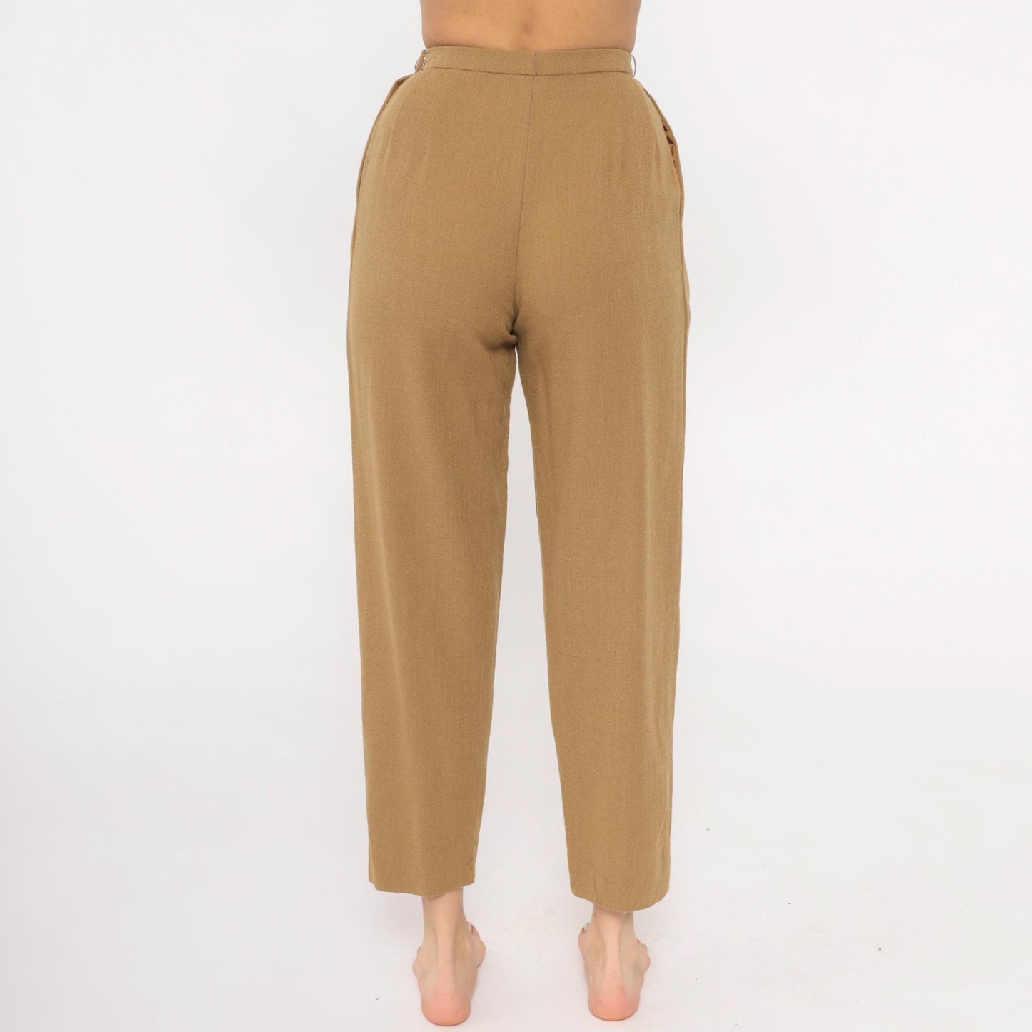 80s Tan Pleated High-Waist Wool Trousers Tapered Ankle Crop Extra Small